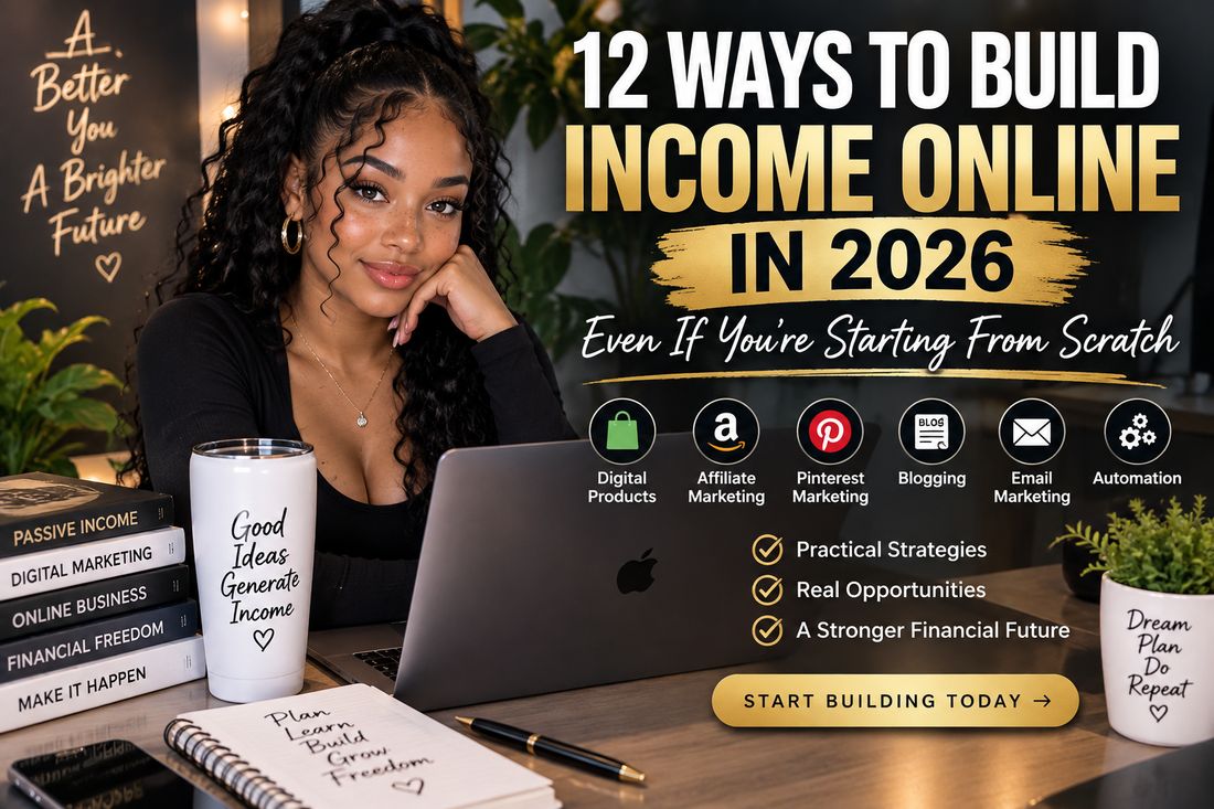 12 ways to build income online in 2026 including digital products, affiliate marketing, Pinterest, blogging, email marketing and automation
