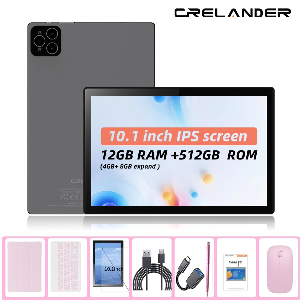 Crelander 10.1 Inch Android 13 Tablet with SIM Card Slot 4G LTE Calling,12GB+512GB, 8000mAh Battery, Dual Camera, Bluetooth/WiFi, Bundle with Case, Keyboard, Mouse & Stylus (Grey Black)