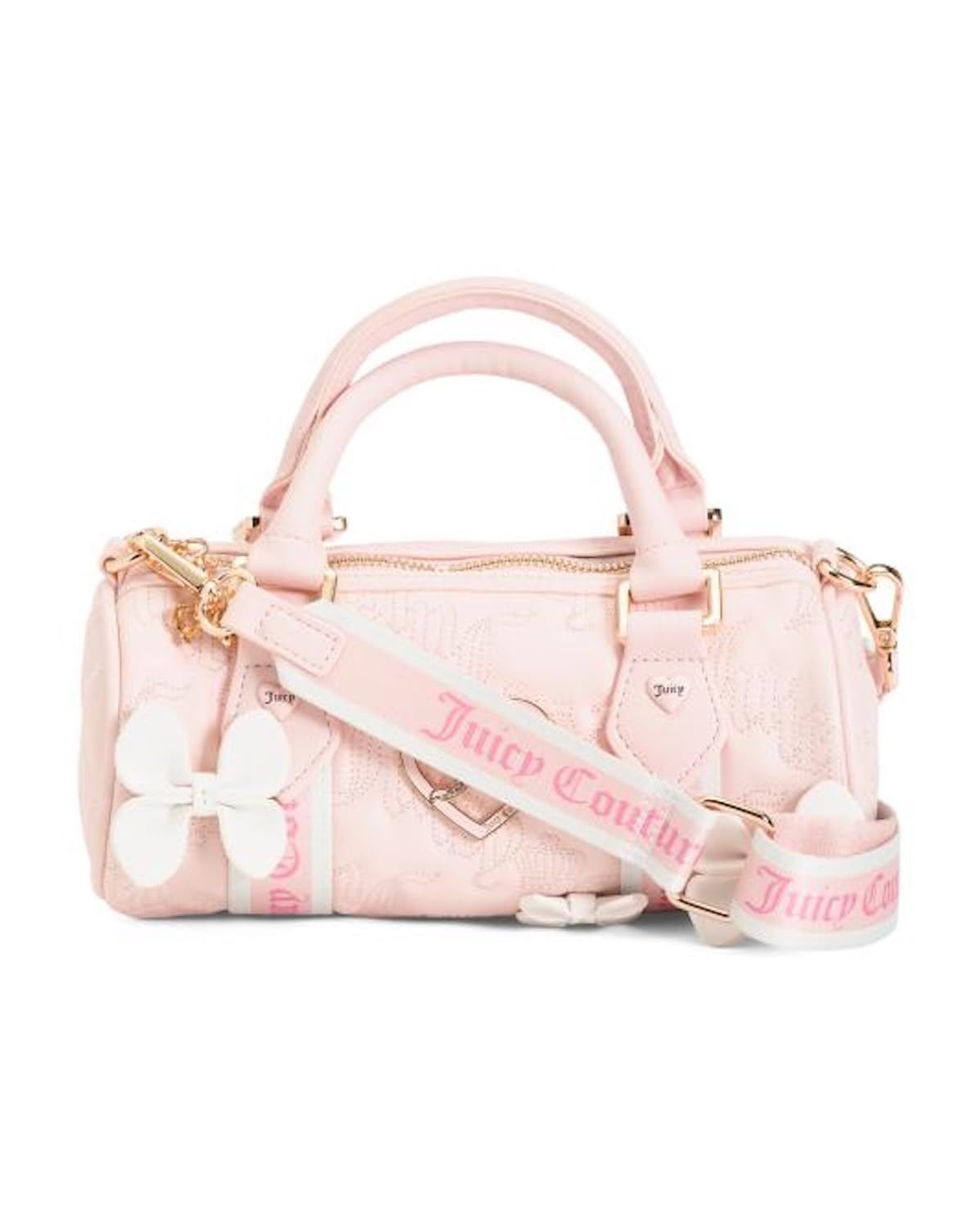 Juicy Couture Save the Best for Last Mini Barrel Satchel Bag, Quilted Logo Handbag with Bow Accents, 9 x 5 Inches