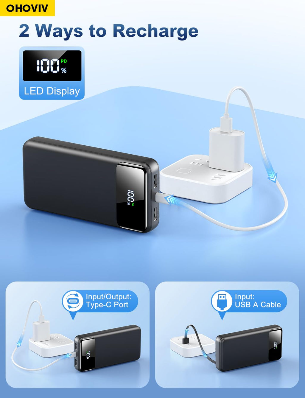 OHOVIV Portable Charger Power Bank 50000mAh Battery Pack, 22.5W Fast Charging PowerBank with Built in Cables,Travel Essential USB-C Portable Phone Charger for iPhone Samsung Pixel Android iPad-Blue
