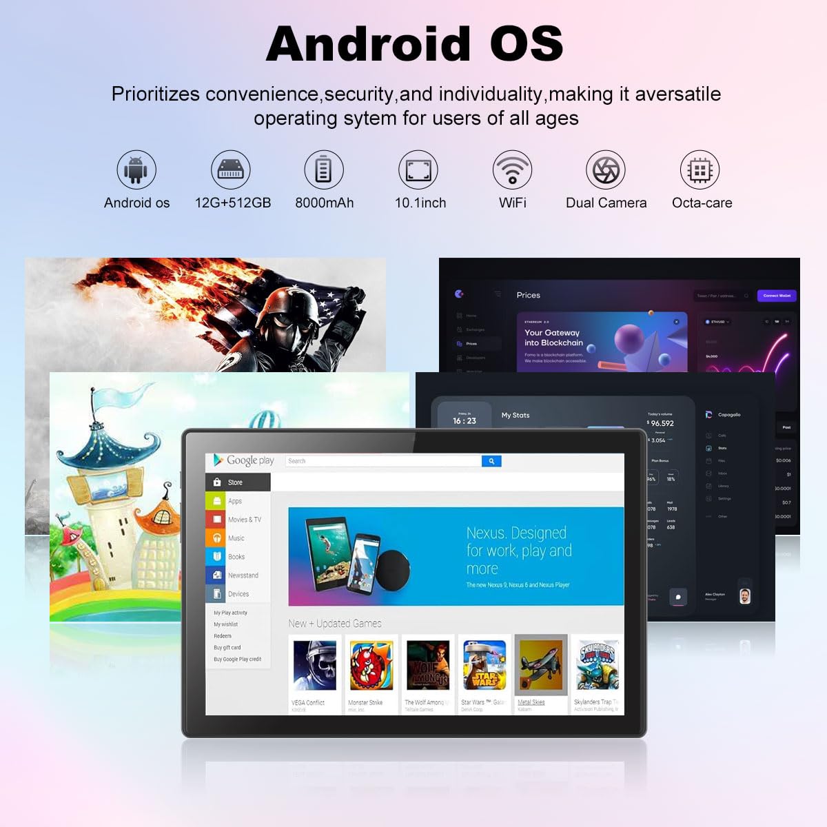 Crelander 10.1 Inch Android 13 Tablet with SIM Card Slot 4G LTE Calling,12GB+512GB, 8000mAh Battery, Dual Camera, Bluetooth/WiFi, Bundle with Case, Keyboard, Mouse & Stylus (Grey Black)