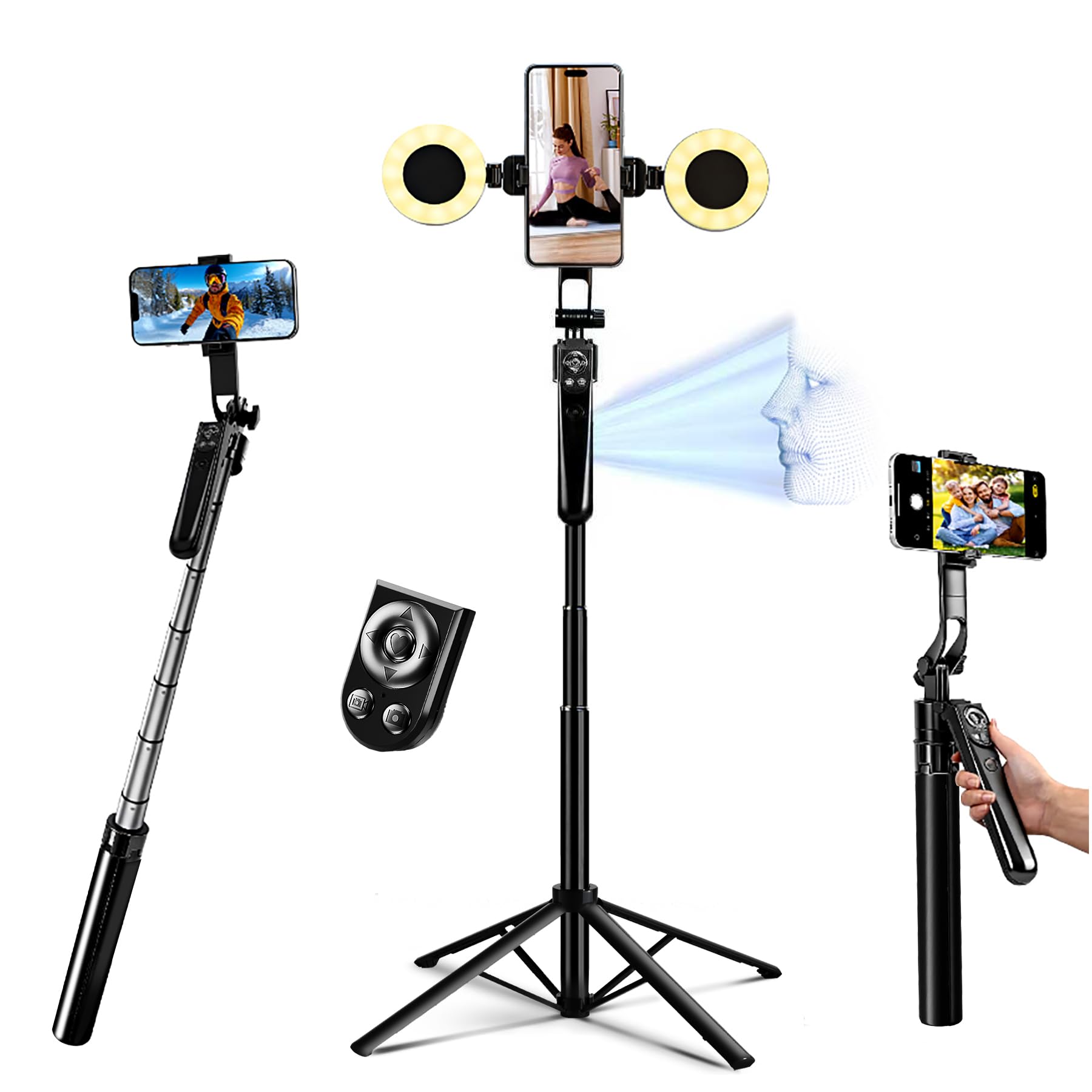 Auto Face Tracking Selfie Stick Tripod for iPhone with Light 360 Rotation that Follows Your Movement 70.9" Camera Tripod Stand with Remote for Content Creator Vlog Live Stream Video Recording