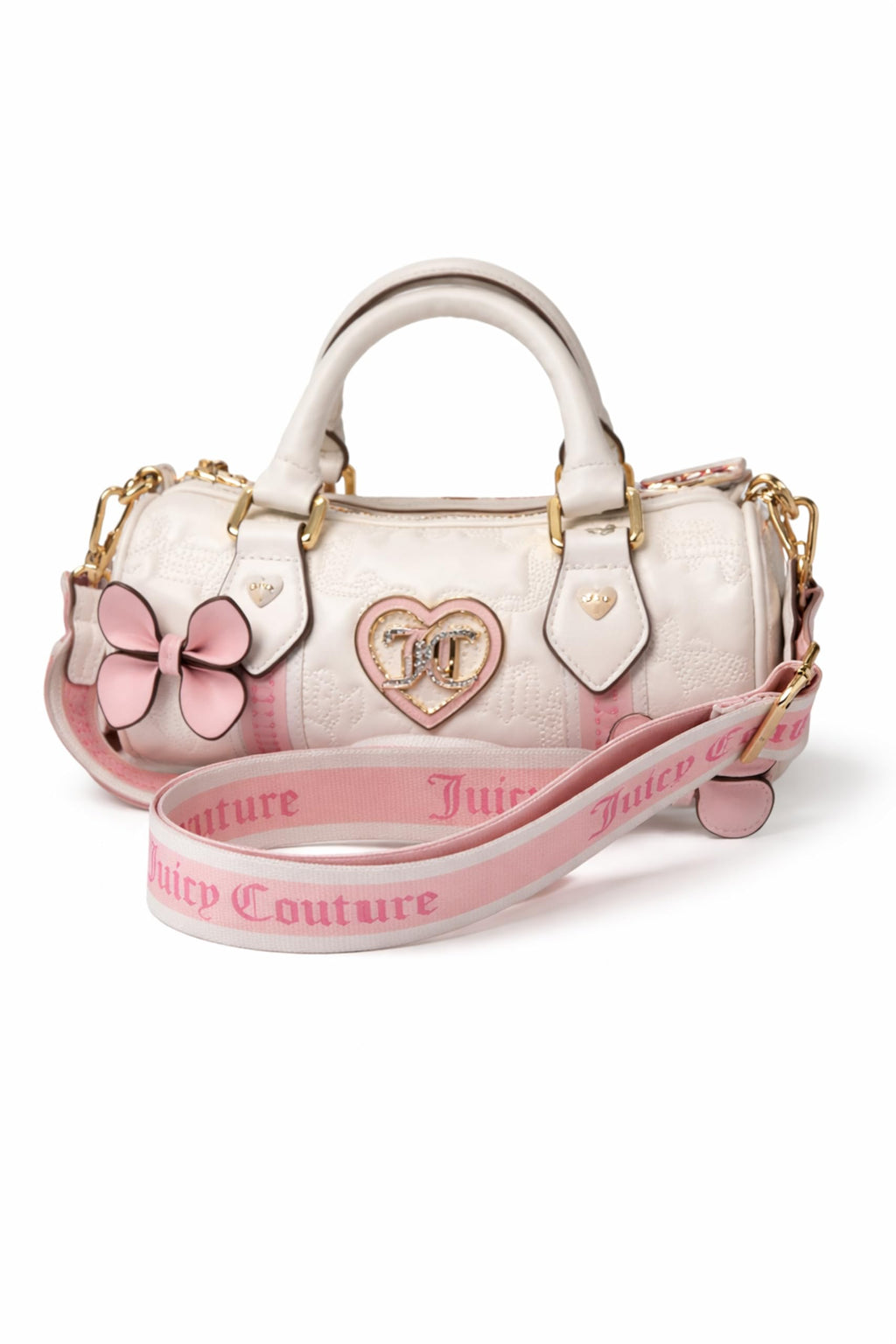 Juicy Couture Save the Best for Last Mini Barrel Satchel Bag, Quilted Logo Handbag with Bow Accents, 9 x 5 Inches