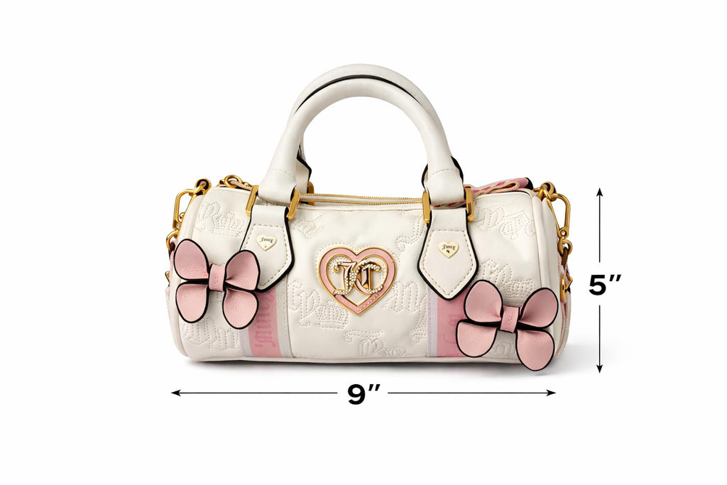 Juicy Couture Save the Best for Last Mini Barrel Satchel Bag, Quilted Logo Handbag with Bow Accents, 9 x 5 Inches