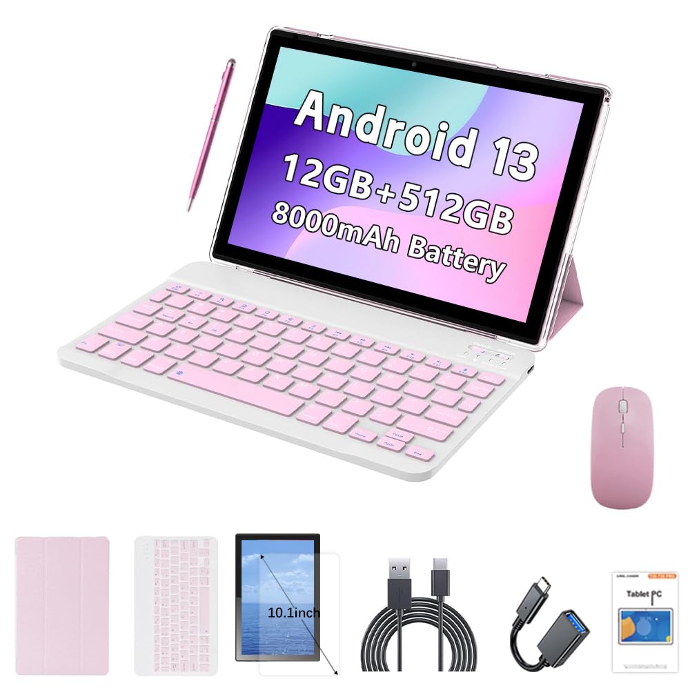 Crelander 10.1 Inch Android 13 Tablet with SIM Card Slot 4G LTE Calling,12GB+512GB, 8000mAh Battery, Dual Camera, Bluetooth/WiFi, Bundle with Case, Keyboard, Mouse & Stylus (Grey Black)