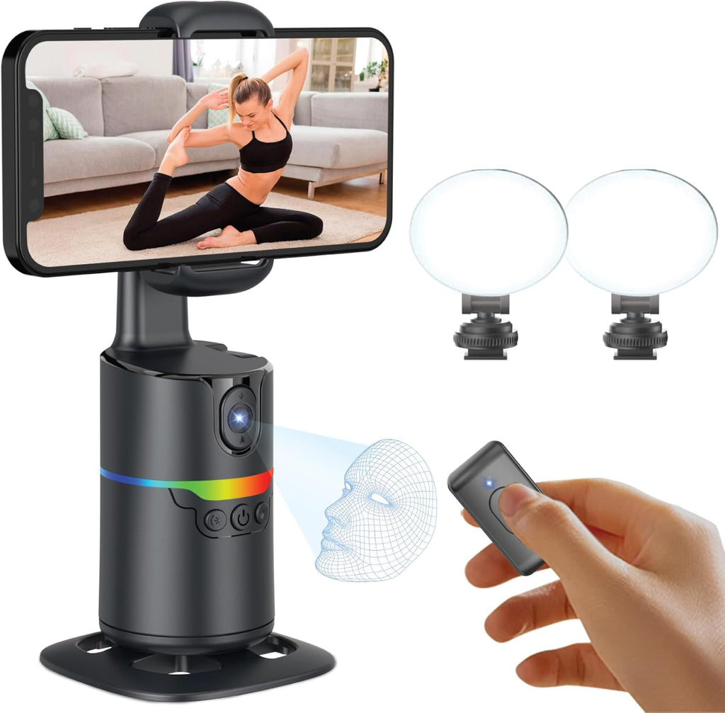 Auto Face Tracking Tripod Desk Mount, 360 Rotating Phone Stand with 2 Fill Lights and Remote, AI Motion Tracking Phone Holder for iPhone Android, Gesture Control, No App, Content Creator Vlogging Kit
