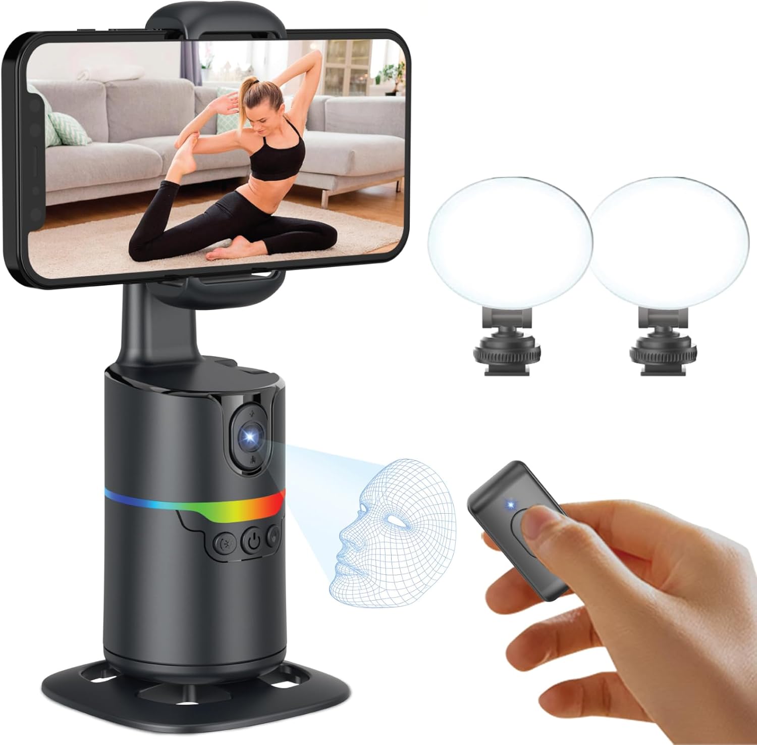 Auto Face Tracking Tripod Desk Mount, 360 Rotating Phone Stand with 2 Fill Lights and Remote, AI Motion Tracking Phone Holder for iPhone Android, Gesture Control, No App, Content Creator Vlogging Kit
