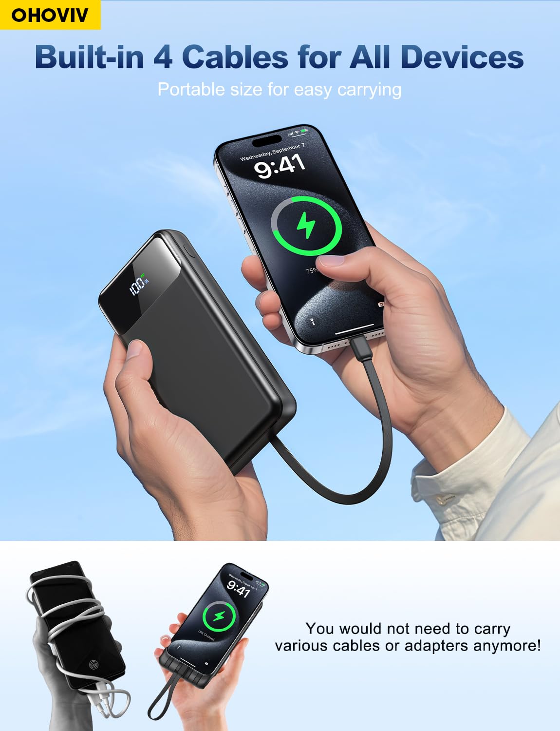 OHOVIV Portable Charger Power Bank 50000mAh Battery Pack, 22.5W Fast Charging PowerBank with Built in Cables,Travel Essential USB-C Portable Phone Charger for iPhone Samsung Pixel Android iPad-Blue