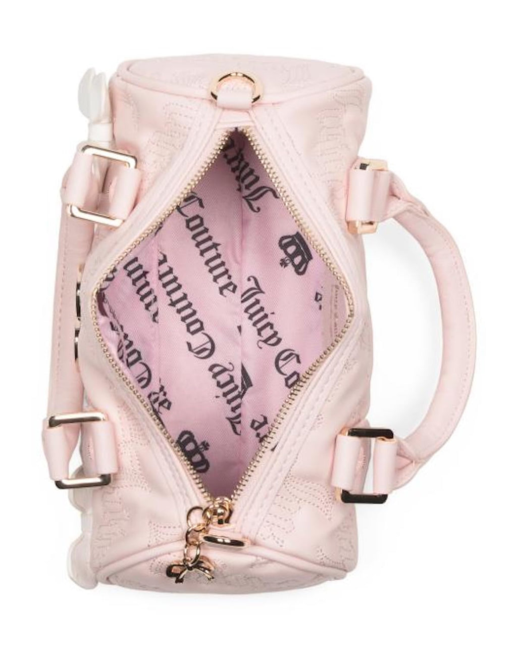 Juicy Couture Save the Best for Last Mini Barrel Satchel Bag, Quilted Logo Handbag with Bow Accents, 9 x 5 Inches