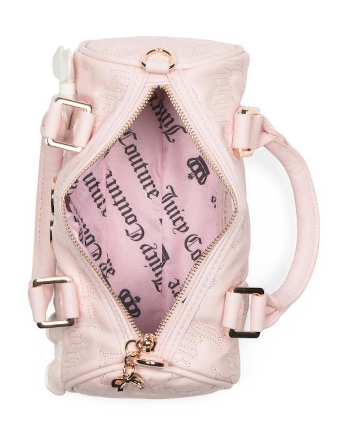 Juicy Couture Save the Best for Last Mini Barrel Satchel Bag, Quilted Logo Handbag with Bow Accents, 9 x 5 Inches