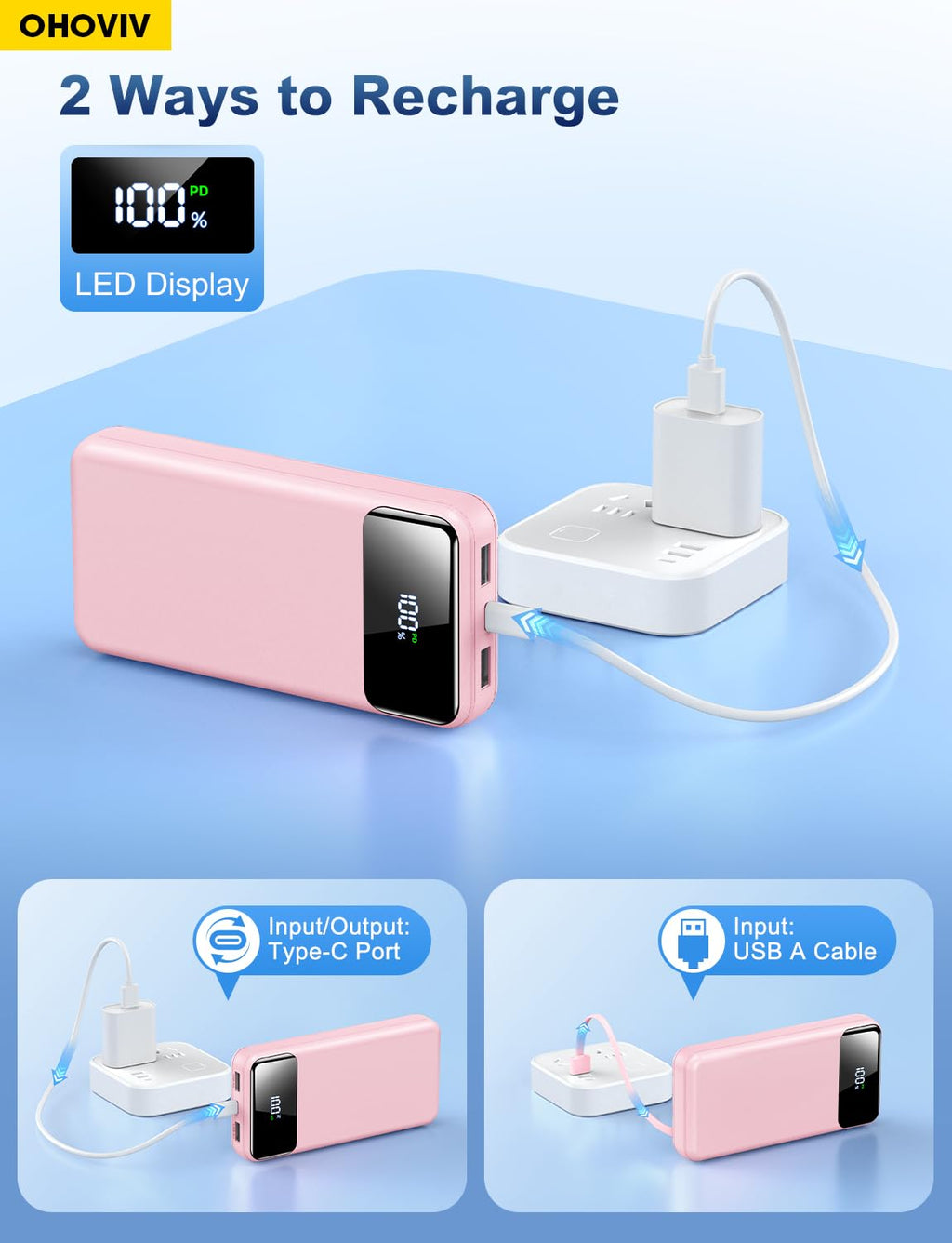 OHOVIV Portable Charger Power Bank 50000mAh Battery Pack, 22.5W Fast Charging PowerBank with Built in Cables,Travel Essential USB-C Portable Phone Charger for iPhone Samsung Pixel Android iPad-Blue