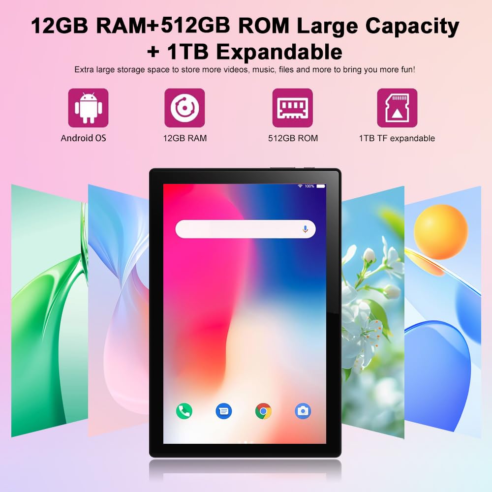 Crelander 10.1 Inch Android 13 Tablet with SIM Card Slot 4G LTE Calling,12GB+512GB, 8000mAh Battery, Dual Camera, Bluetooth/WiFi, Bundle with Case, Keyboard, Mouse & Stylus (Grey Black)