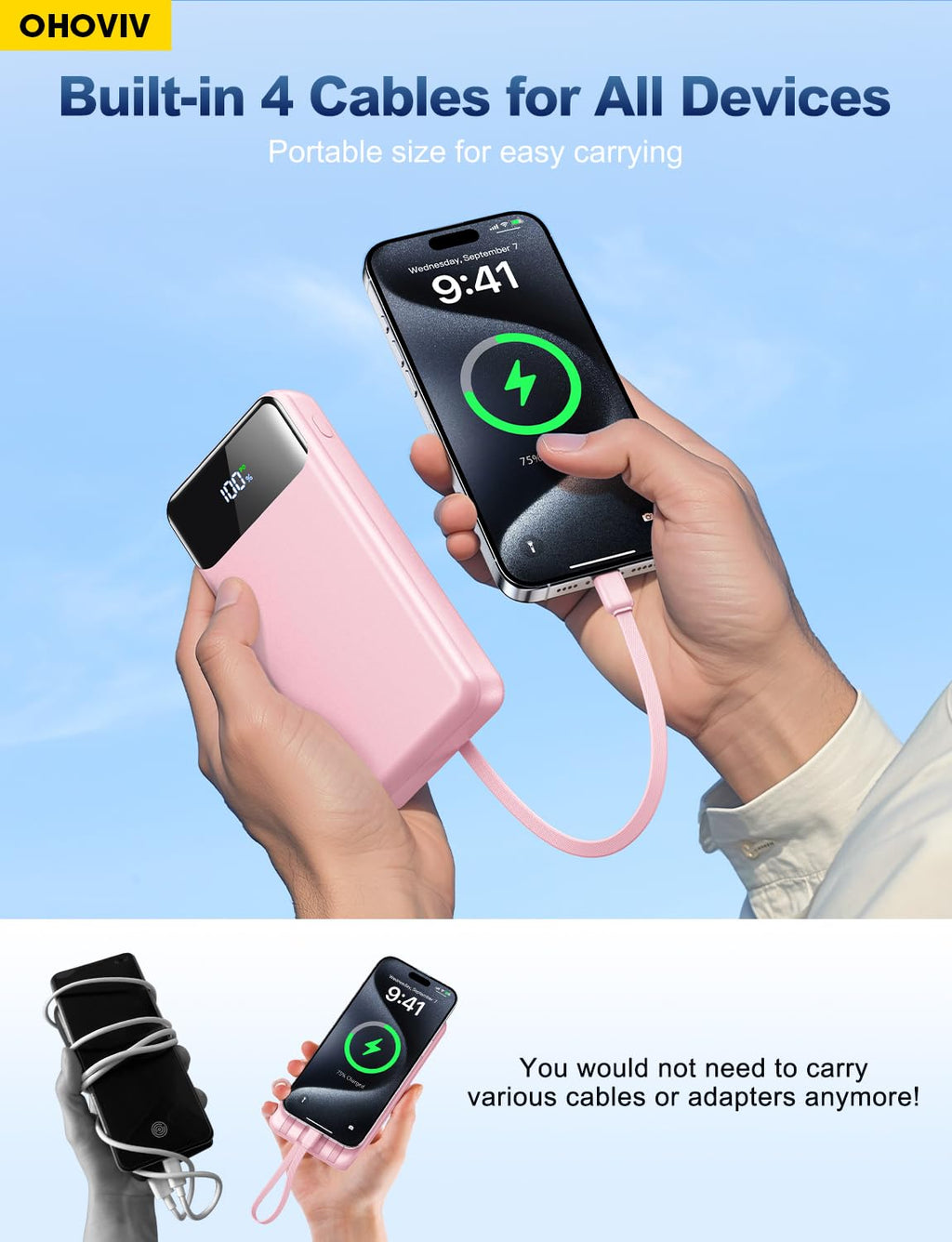 OHOVIV Portable Charger Power Bank 50000mAh Battery Pack, 22.5W Fast Charging PowerBank with Built in Cables,Travel Essential USB-C Portable Phone Charger for iPhone Samsung Pixel Android iPad-Blue