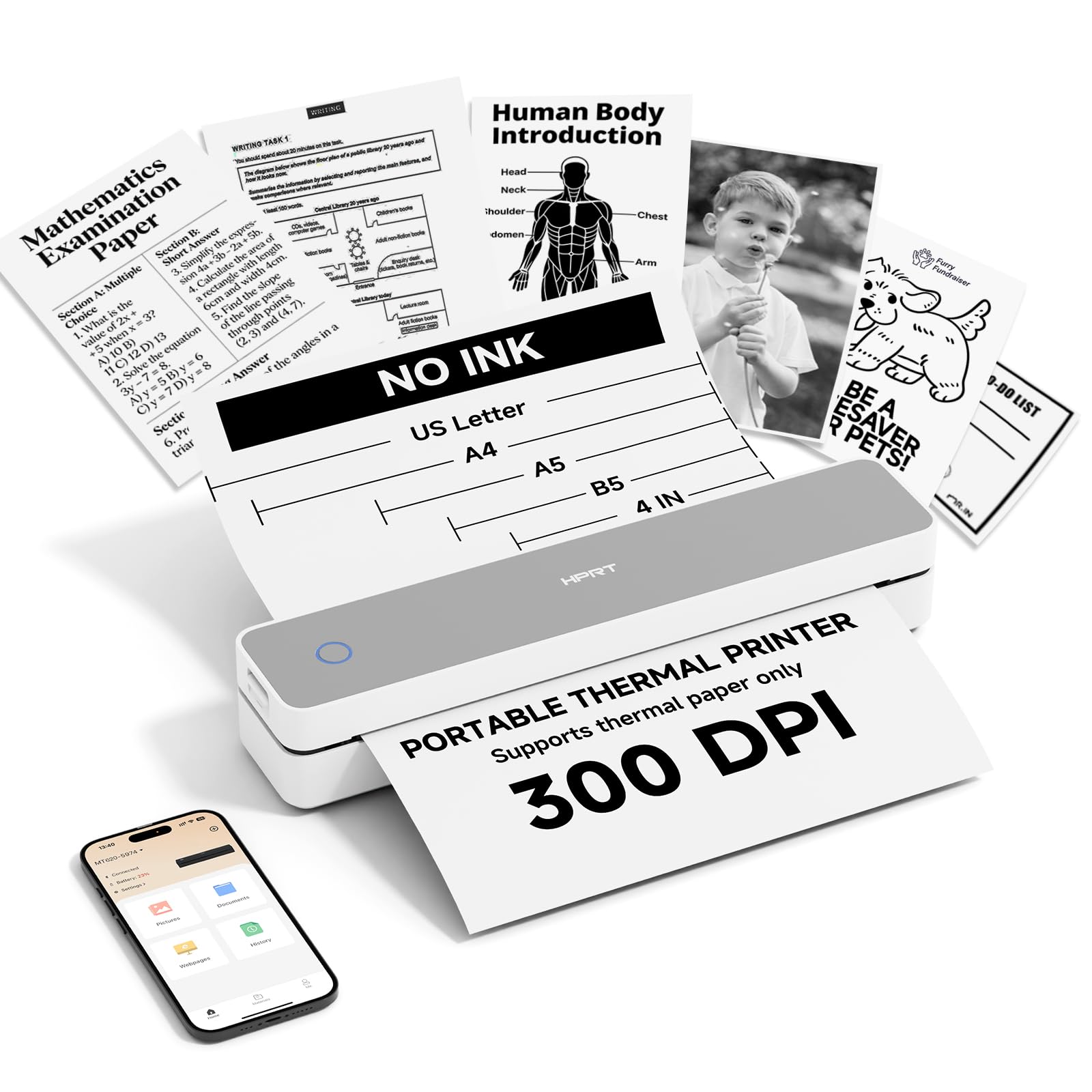 HPRT Inkless Portable Printer Wireless for Travel,Thermal Printer Supports 8.5" x 11" US Letter&A4&A5,Compatible with iOS,Android, Laptop, MT620,203 DPI,Black