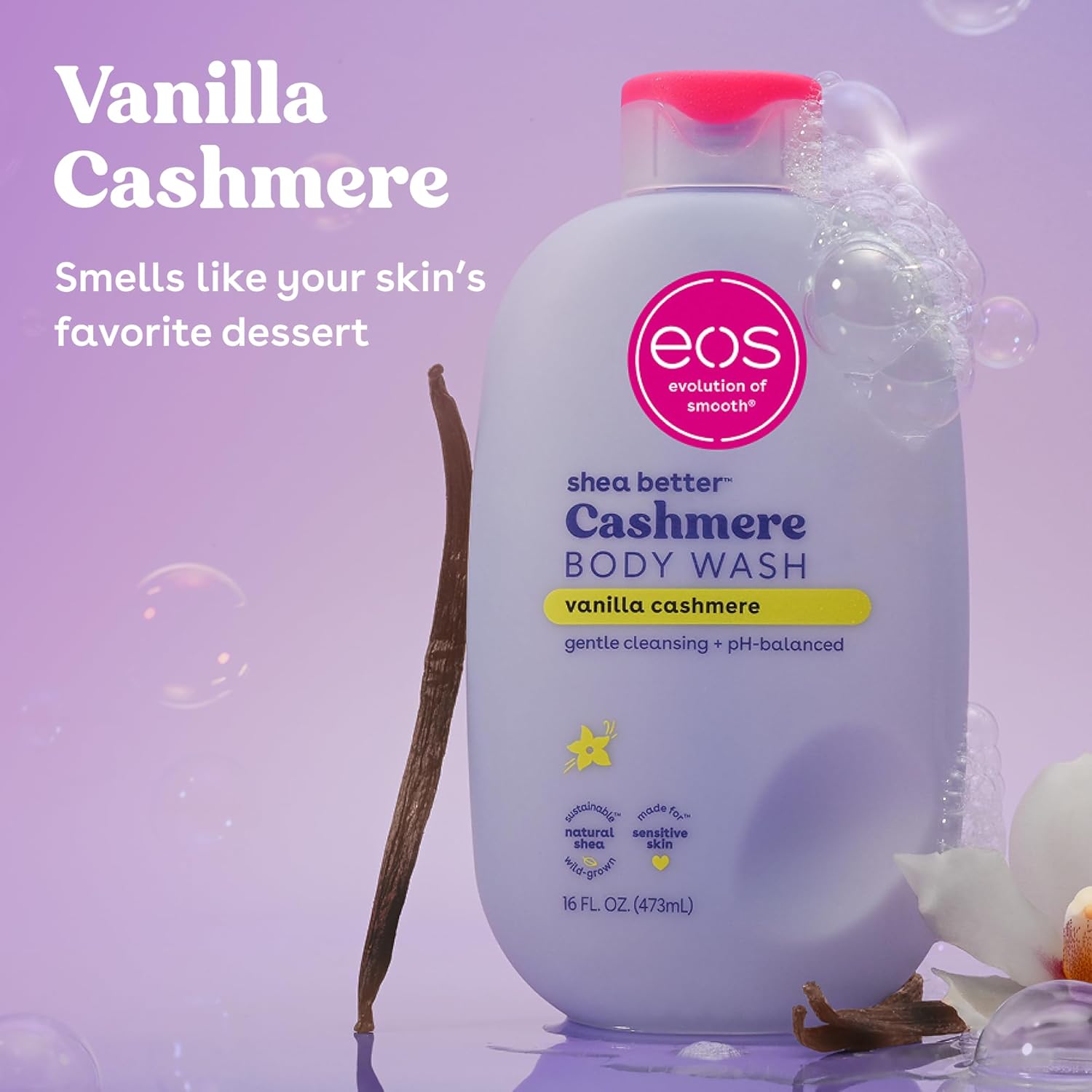 eos Cashmere Body Wash – Jasmine Peach, Moisturizing Body Wash, Creamy Gel Formula, with Shea Butter, Glycerin, Vitamin E, pH Balanced, Sensitive Skin, Vegan, 16 fl oz