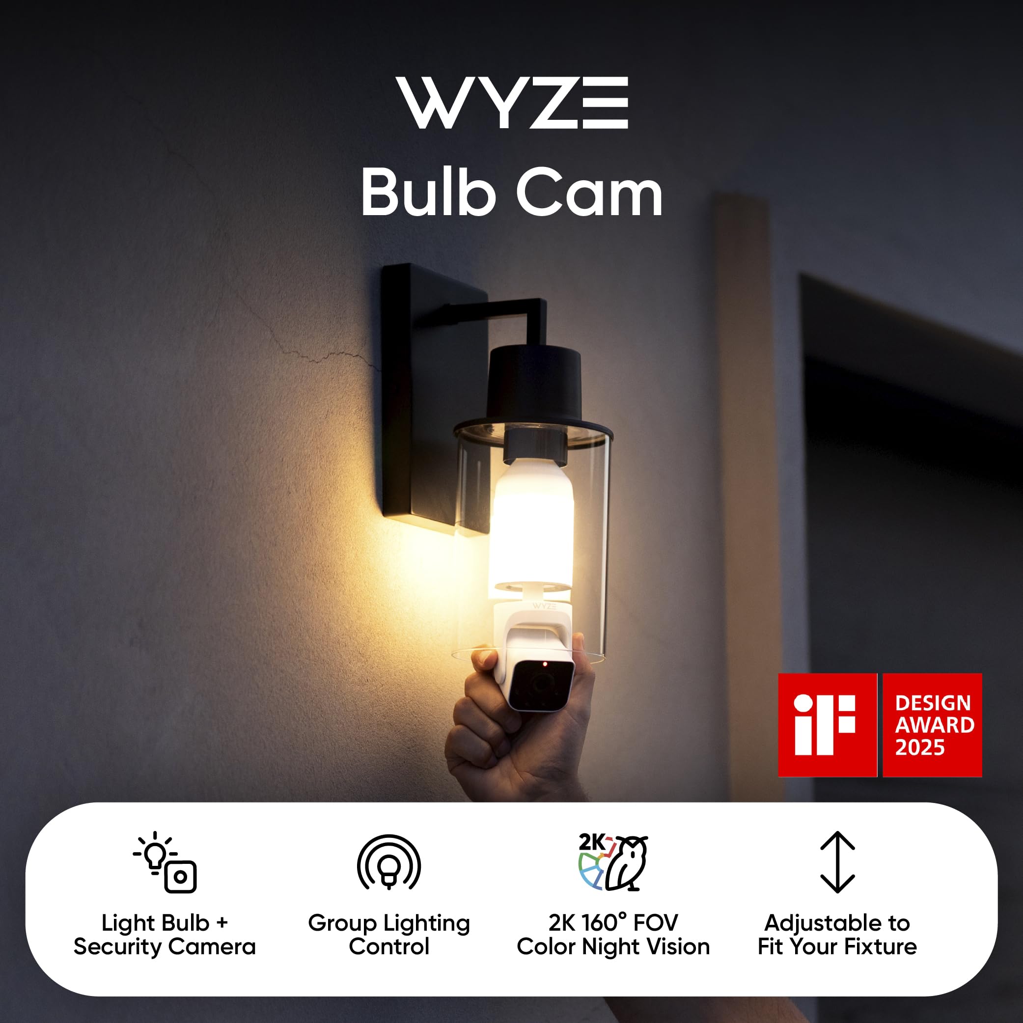WYZE Bulb Cam - 2K HD Smart Light Bulb Security Camera with Color Night Vision, 800-Lumen Dimmable LED, 160° Wide View, Motion Detection & Siren, E26 Socket, Alexa/Google/IFTTT