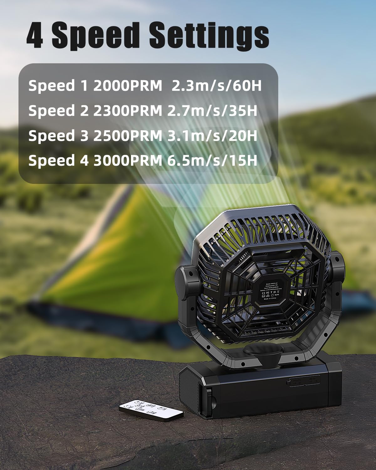 Portable Rechargeable Fan - 9-Inch Camping Fan for Tent, 24000mAh(60Hrs) Battery Operated Fan for Camping, Auto Oscillation Cordless Fans, Tent Fans with Remote/Light, 4 Speeds, 4 Timing, Outdoor