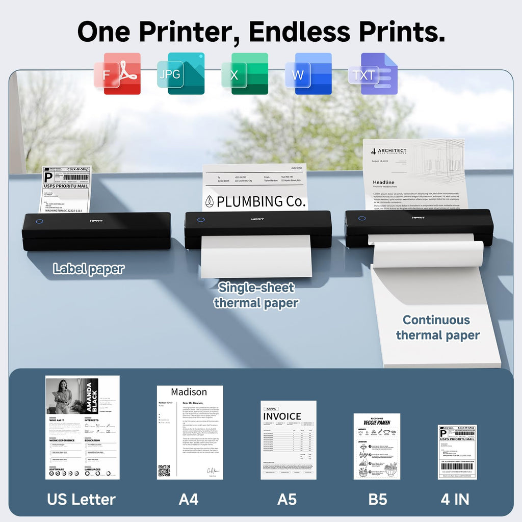 HPRT Inkless Portable Printer Wireless for Travel,Thermal Printer Supports 8.5" x 11" US Letter&A4&A5,Compatible with iOS,Android, Laptop, MT620,203 DPI,Black