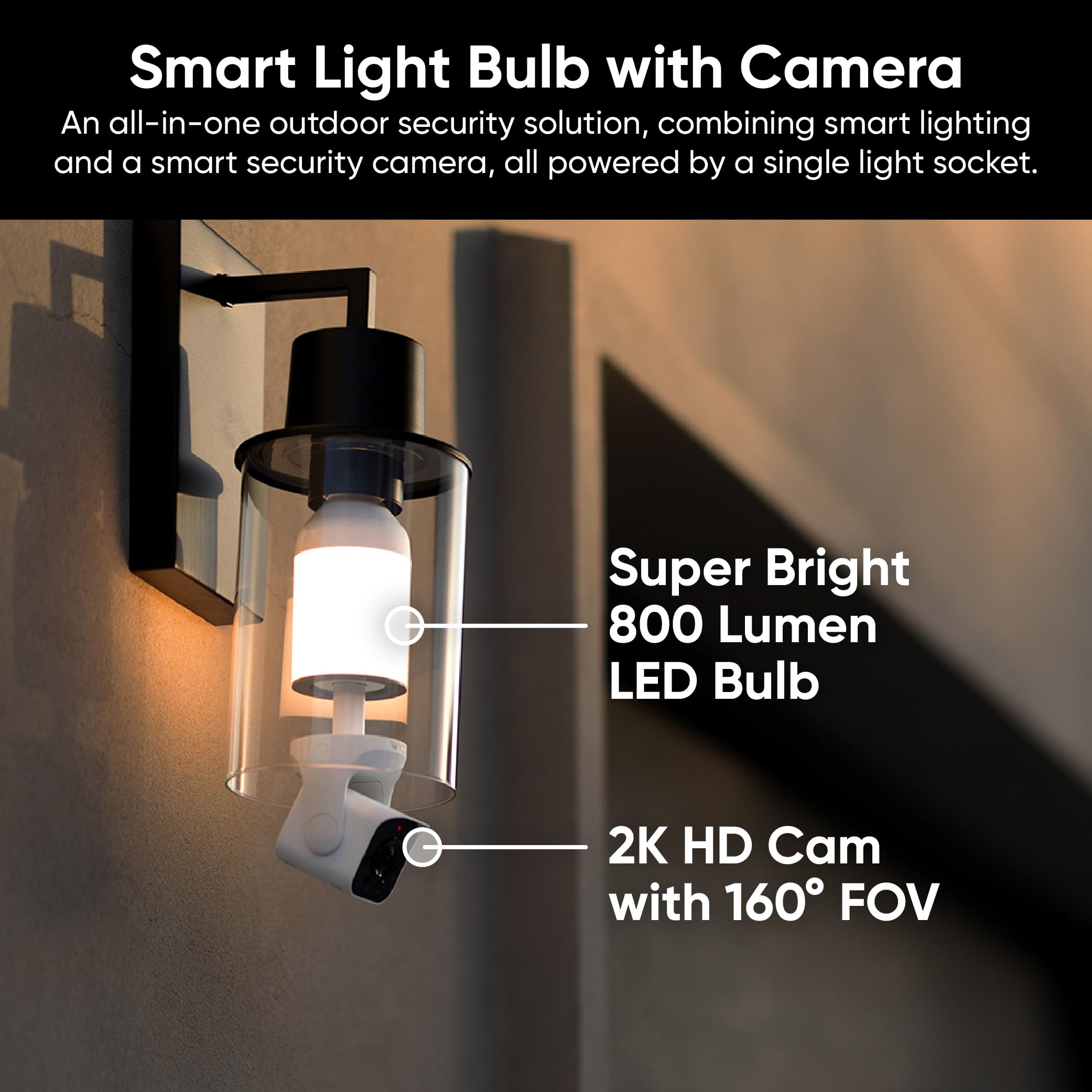 WYZE Bulb Cam - 2K HD Smart Light Bulb Security Camera with Color Night Vision, 800-Lumen Dimmable LED, 160° Wide View, Motion Detection & Siren, E26 Socket, Alexa/Google/IFTTT