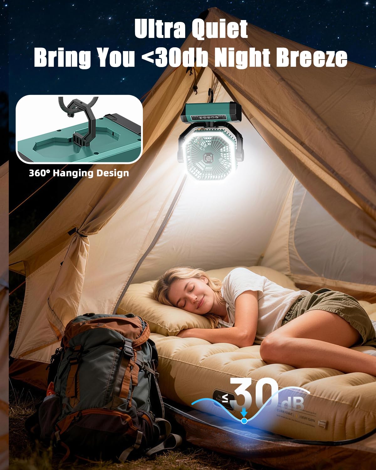 Portable Rechargeable Fan - 9-Inch Camping Fan for Tent, 24000mAh(60Hrs) Battery Operated Fan for Camping, Auto Oscillation Cordless Fans, Tent Fans with Remote/Light, 4 Speeds, 4 Timing, Outdoor