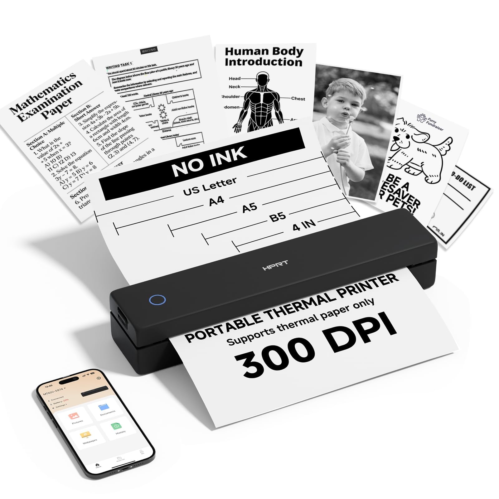 HPRT Inkless Portable Printer Wireless for Travel,Thermal Printer Supports 8.5" x 11" US Letter&A4&A5,Compatible with iOS,Android, Laptop, MT620,203 DPI,Black