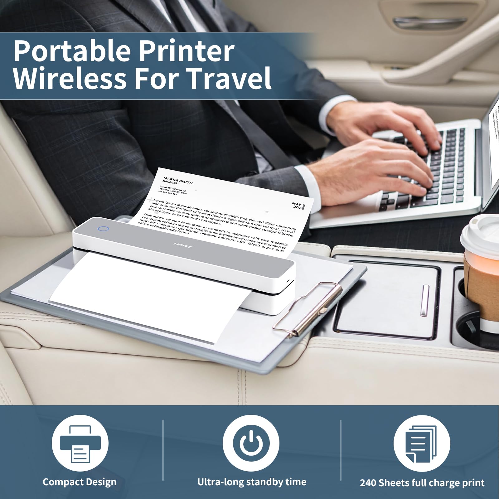 HPRT Inkless Portable Printer Wireless for Travel,Thermal Printer Supports 8.5" x 11" US Letter&A4&A5,Compatible with iOS,Android, Laptop, MT620,203 DPI,Black