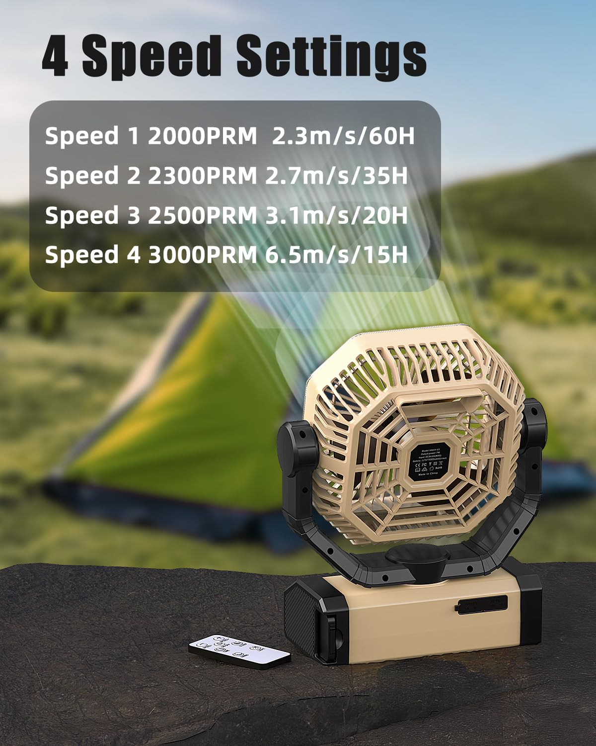 Portable Rechargeable Fan - 9-Inch Camping Fan for Tent, 24000mAh(60Hrs) Battery Operated Fan for Camping, Auto Oscillation Cordless Fans, Tent Fans with Remote/Light, 4 Speeds, 4 Timing, Outdoor