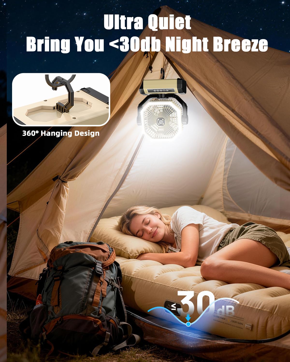 Portable Rechargeable Fan - 9-Inch Camping Fan for Tent, 24000mAh(60Hrs) Battery Operated Fan for Camping, Auto Oscillation Cordless Fans, Tent Fans with Remote/Light, 4 Speeds, 4 Timing, Outdoor