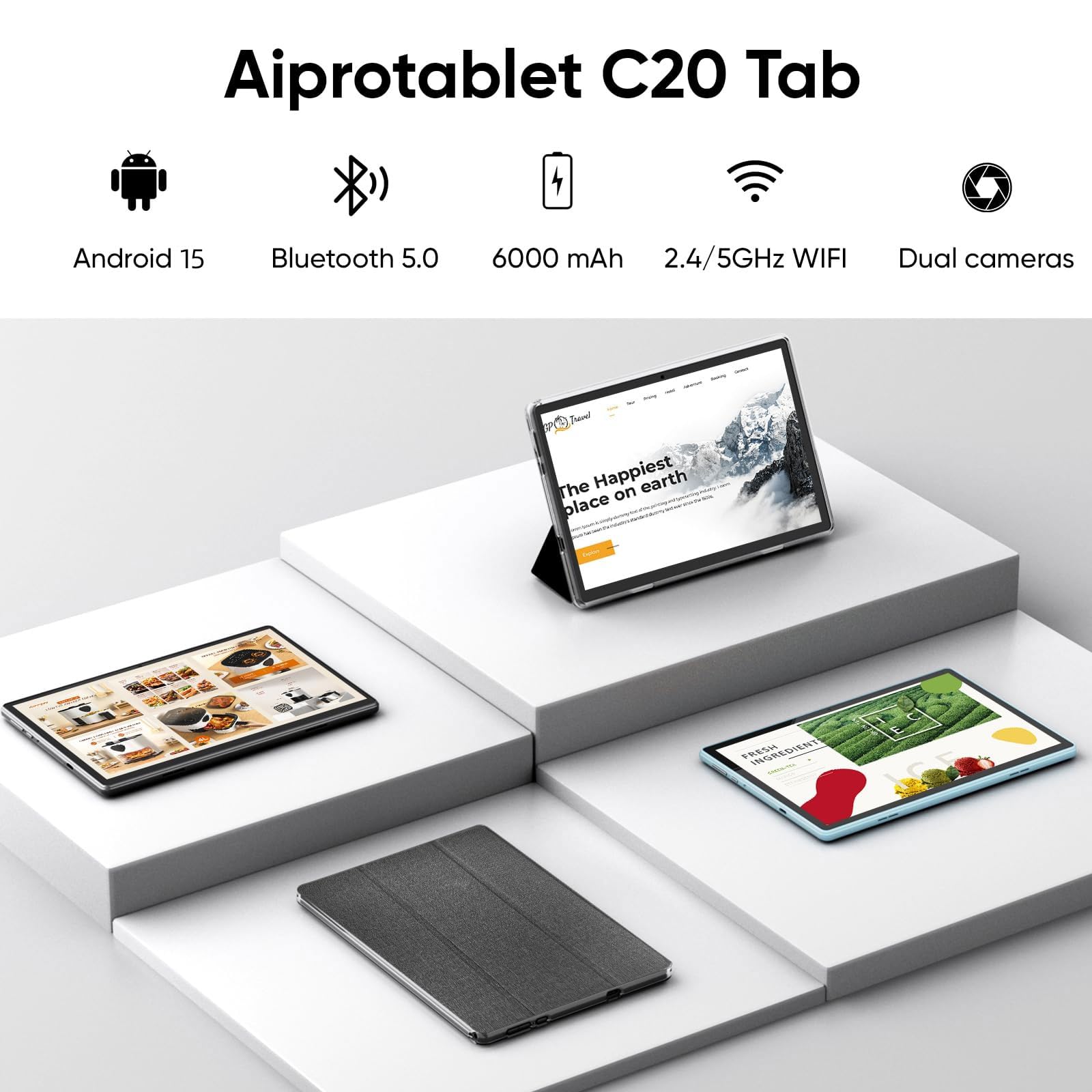 aiprotablet Tablet 10 inch Android 15 Tablets, 12GB RAM 64GB ROM 1TB Expand, Quad-Core Processor, 1280x800 LCD Touch Screen, WiFi 5, Dual Camera, BT5.0, 6000mAh Battery (Blue)