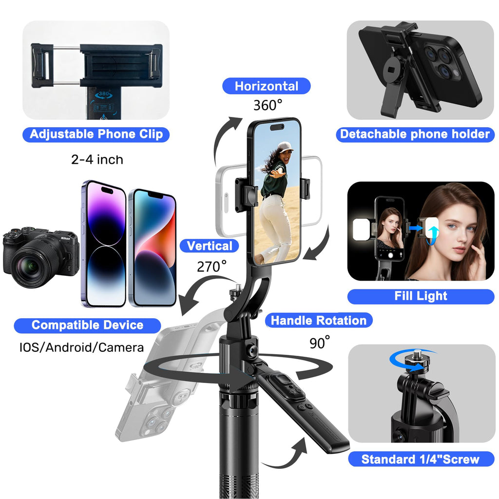 Auto Face Tracking Selfie Stick Tripod for iPhone with Light 360 Rotation that Follows Your Movement 70.9" Camera Tripod Stand with Remote for Content Creator Vlog Live Stream Video Recording