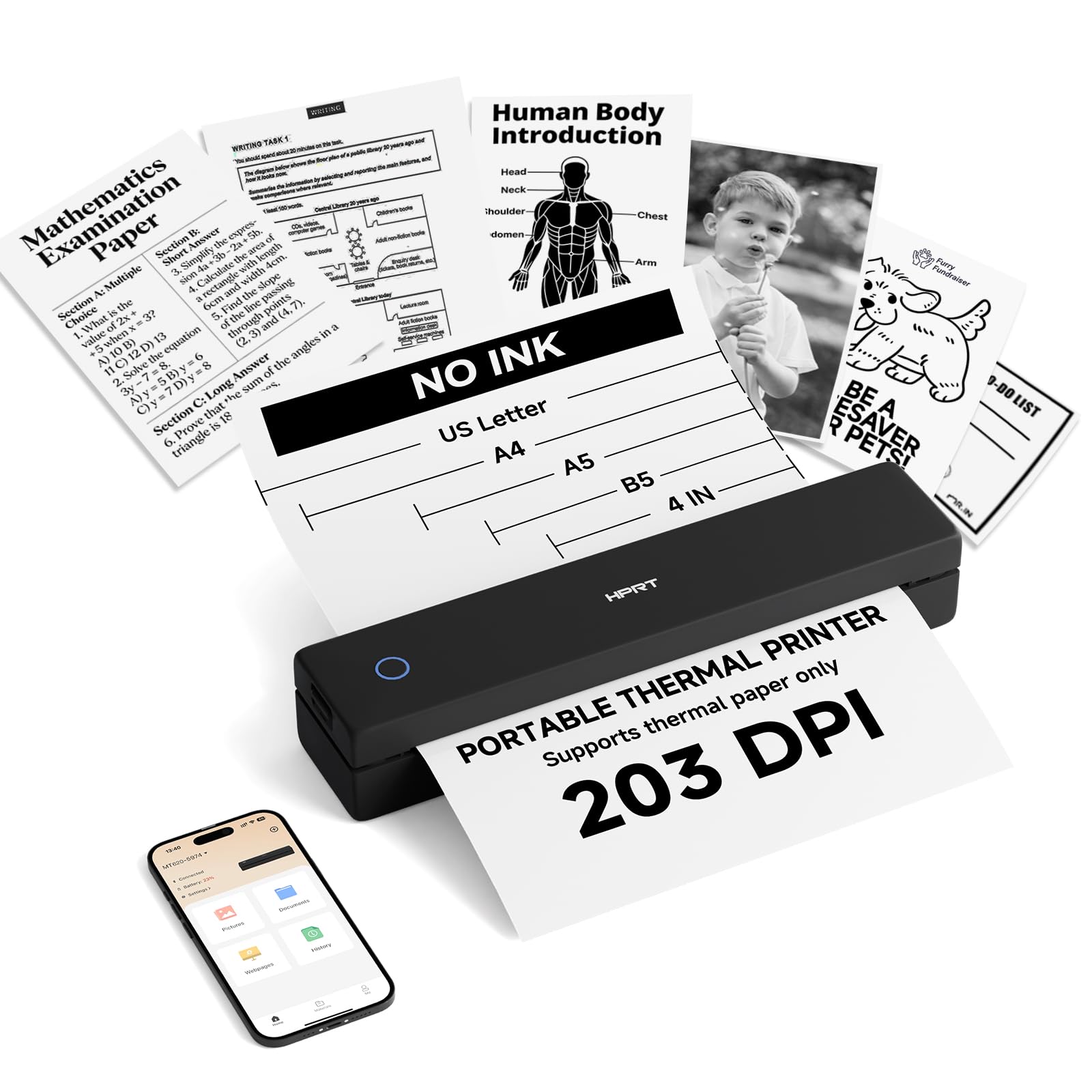 HPRT Inkless Portable Printer Wireless for Travel,Thermal Printer Supports 8.5" x 11" US Letter&A4&A5,Compatible with iOS,Android, Laptop, MT620,203 DPI,Black