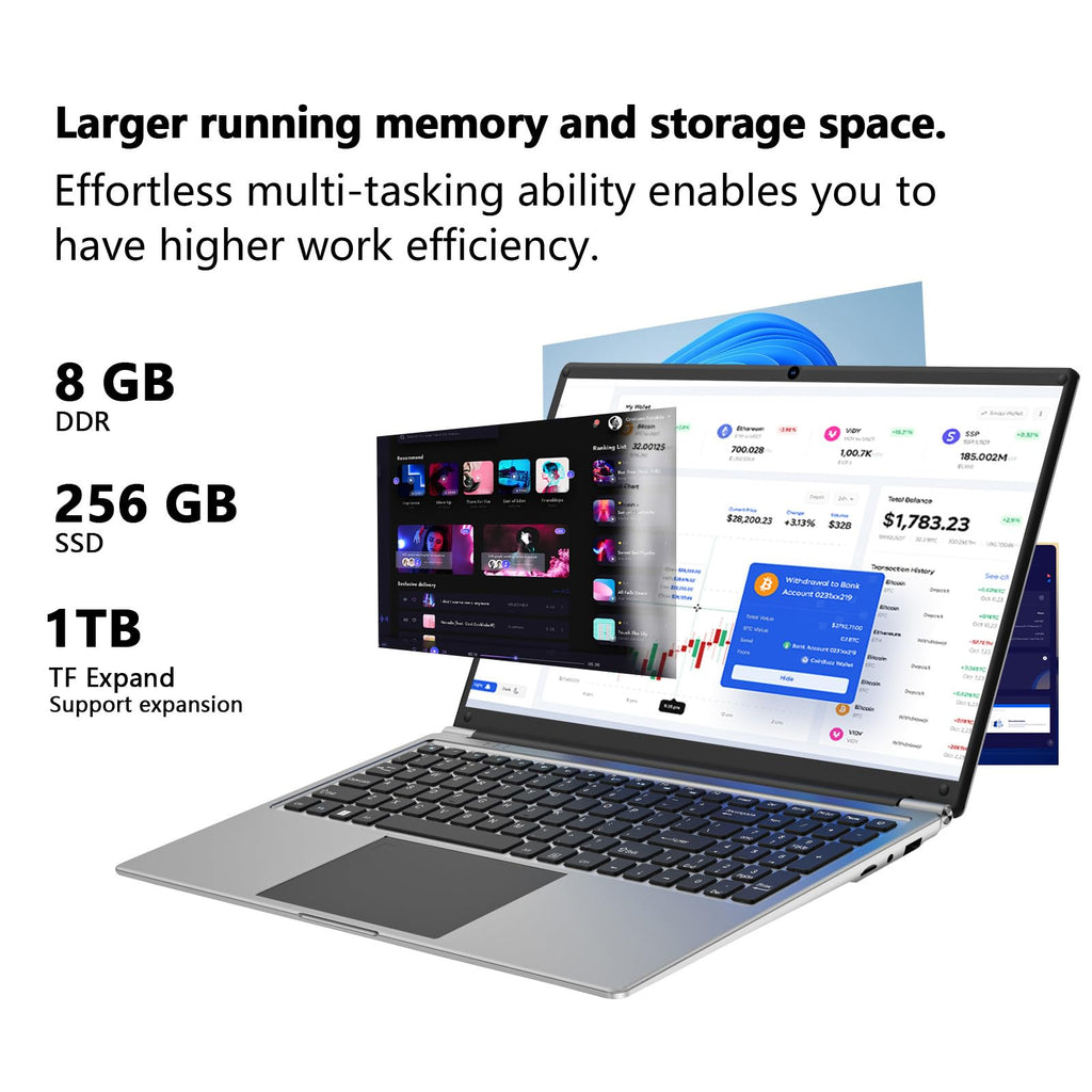 Laptop 16-inch 8GB DDR 256GB SSD portable laptop computer, expandable to 1TB, AMD A9-9400 Radeon R5 CPU up to 3.2 GHz, 9000mAh battery, Numeric Keypad, USB 3.0, dual-band WiFi, webcam, slim laptops