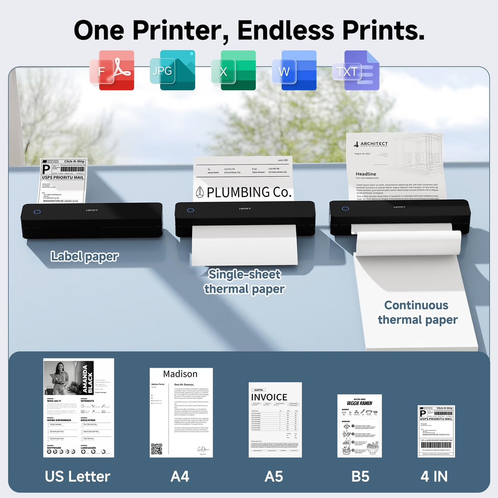 HPRT Inkless Portable Printer Wireless for Travel,Thermal Printer Supports 8.5" x 11" US Letter&A4&A5,Compatible with iOS,Android, Laptop, MT620,203 DPI,Black