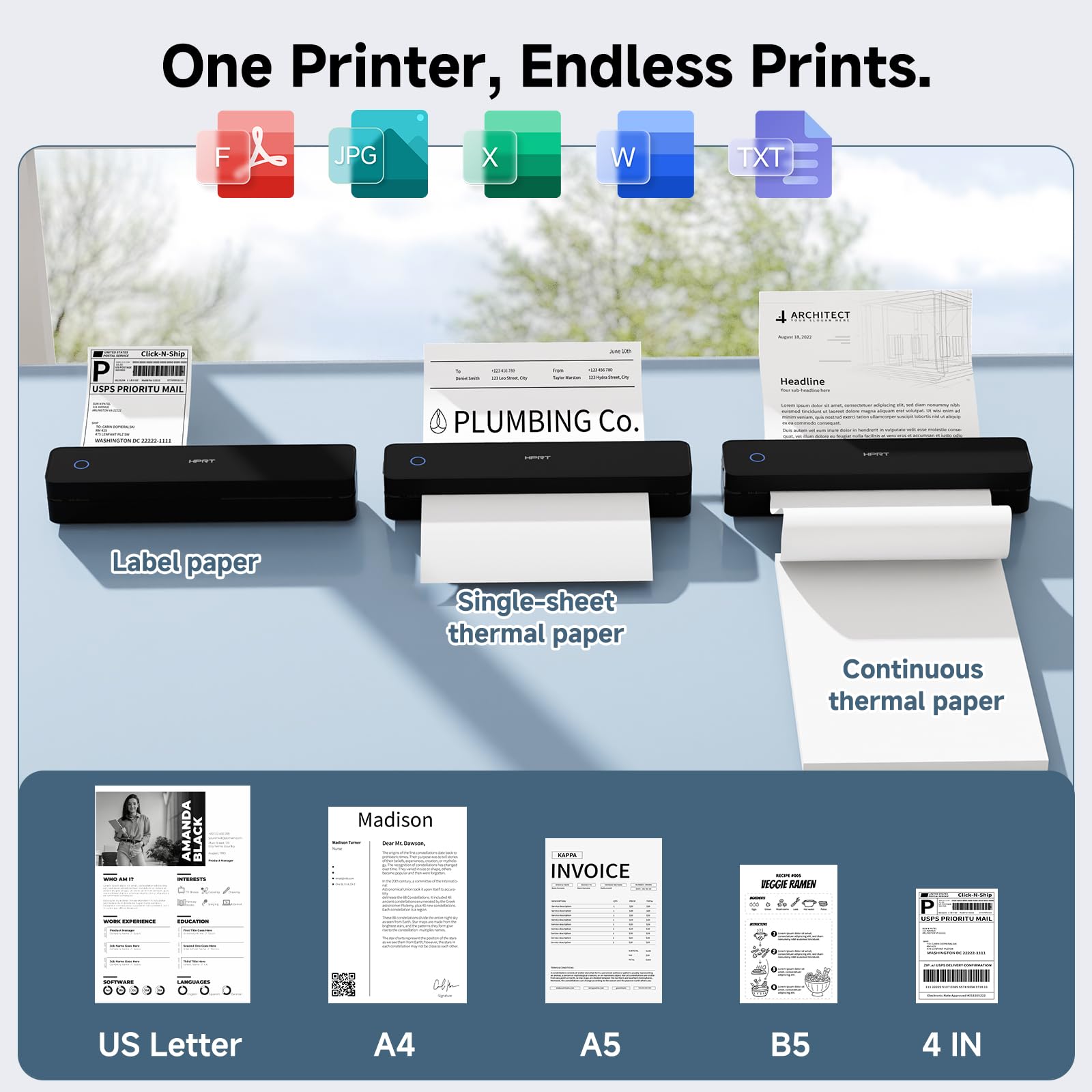 HPRT Inkless Portable Printer Wireless for Travel,Thermal Printer Supports 8.5" x 11" US Letter&A4&A5,Compatible with iOS,Android, Laptop, MT620,203 DPI,Black