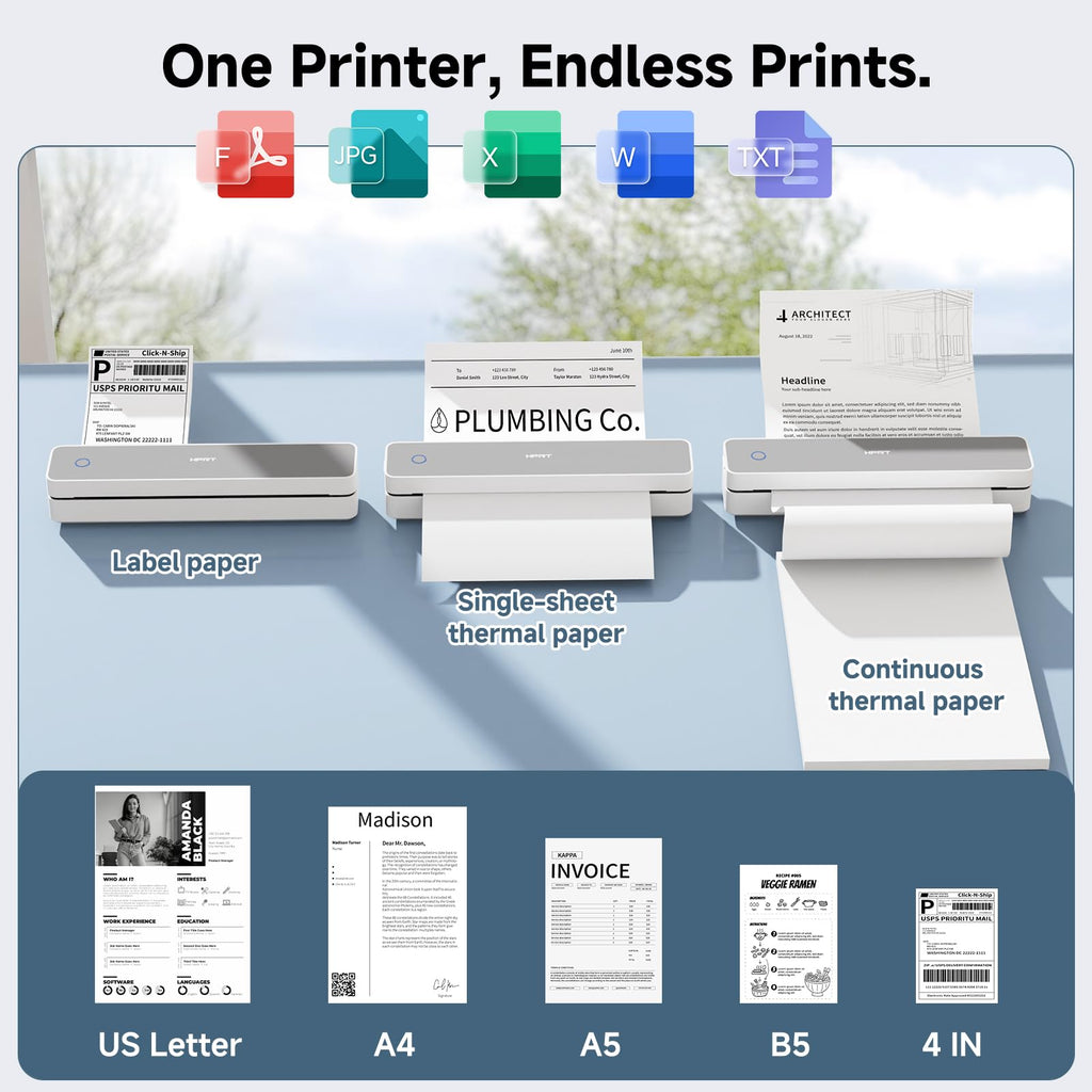 HPRT Inkless Portable Printer Wireless for Travel,Thermal Printer Supports 8.5" x 11" US Letter&A4&A5,Compatible with iOS,Android, Laptop, MT620,203 DPI,Black