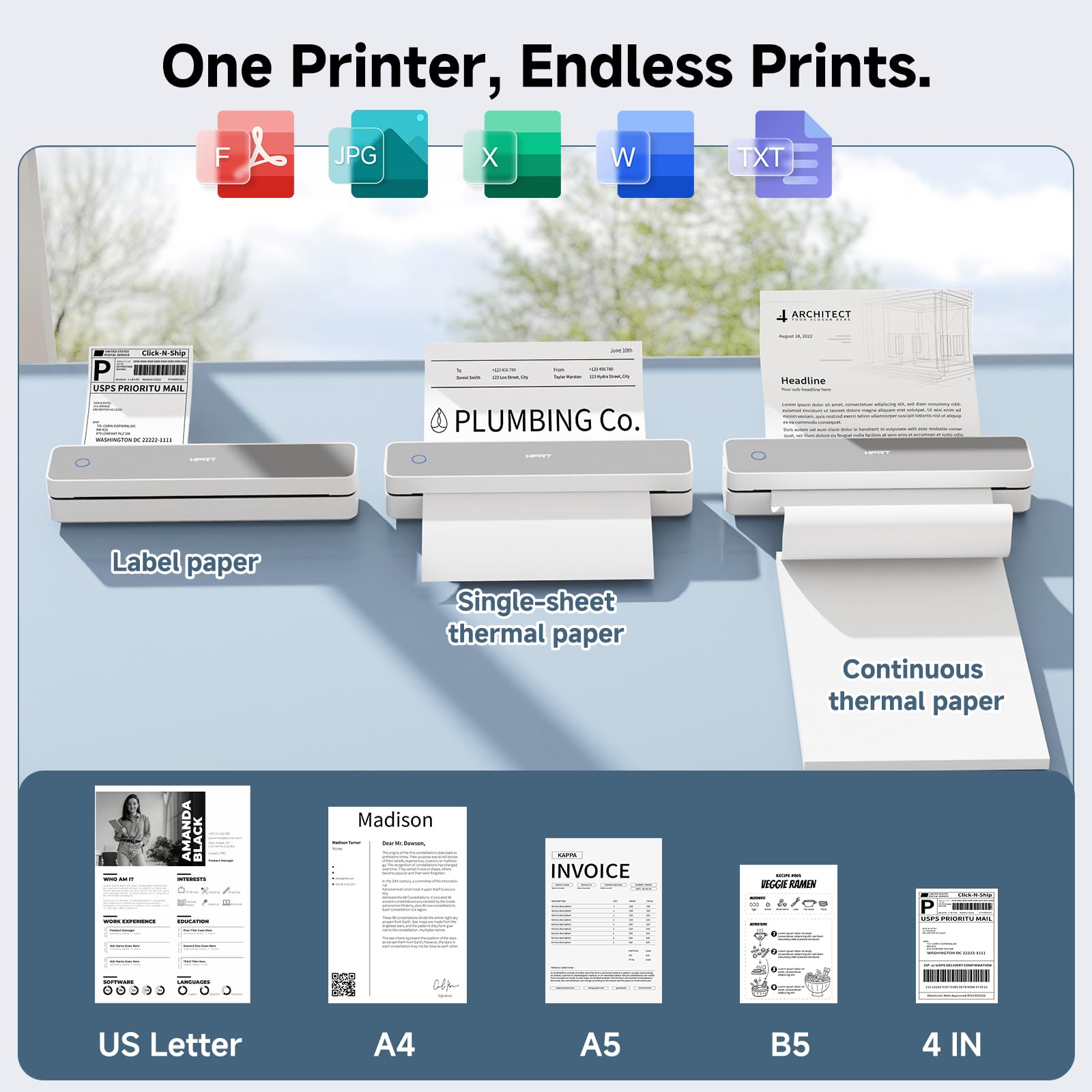HPRT Inkless Portable Printer Wireless for Travel,Thermal Printer Supports 8.5" x 11" US Letter&A4&A5,Compatible with iOS,Android, Laptop, MT620,203 DPI,Black