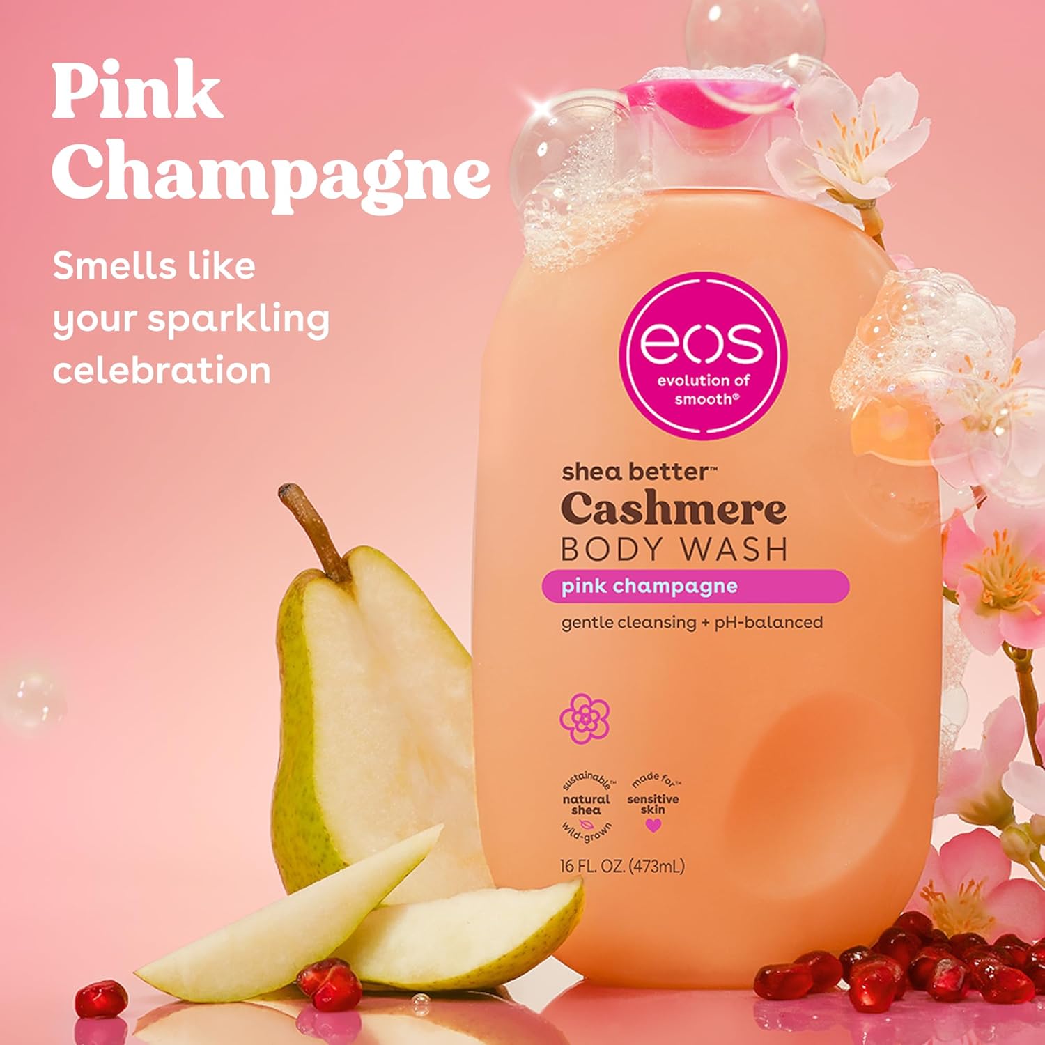 eos Cashmere Body Wash – Jasmine Peach, Moisturizing Body Wash, Creamy Gel Formula, with Shea Butter, Glycerin, Vitamin E, pH Balanced, Sensitive Skin, Vegan, 16 fl oz
