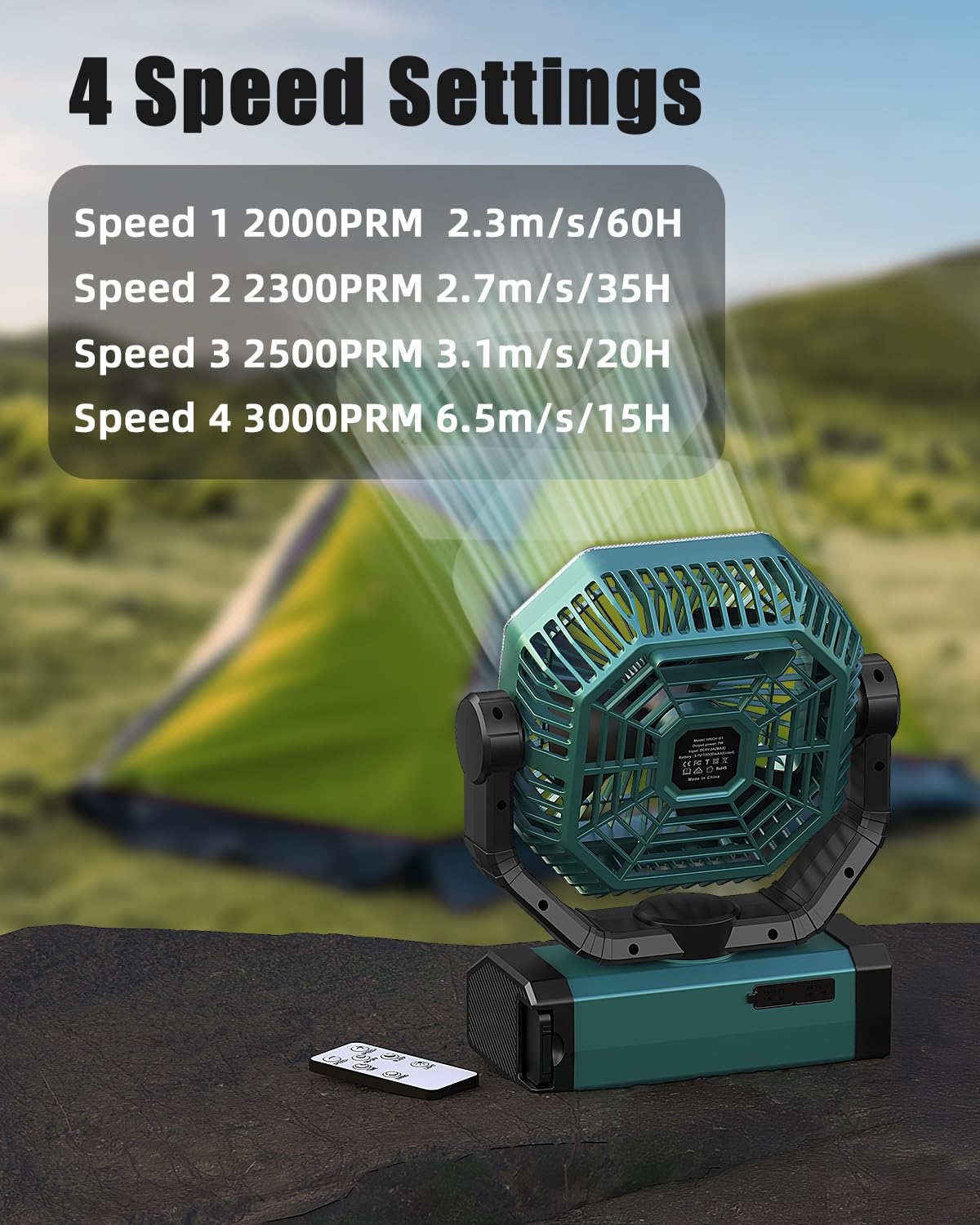 Portable Rechargeable Fan - 9-Inch Camping Fan for Tent, 24000mAh(60Hrs) Battery Operated Fan for Camping, Auto Oscillation Cordless Fans, Tent Fans with Remote/Light, 4 Speeds, 4 Timing, Outdoor