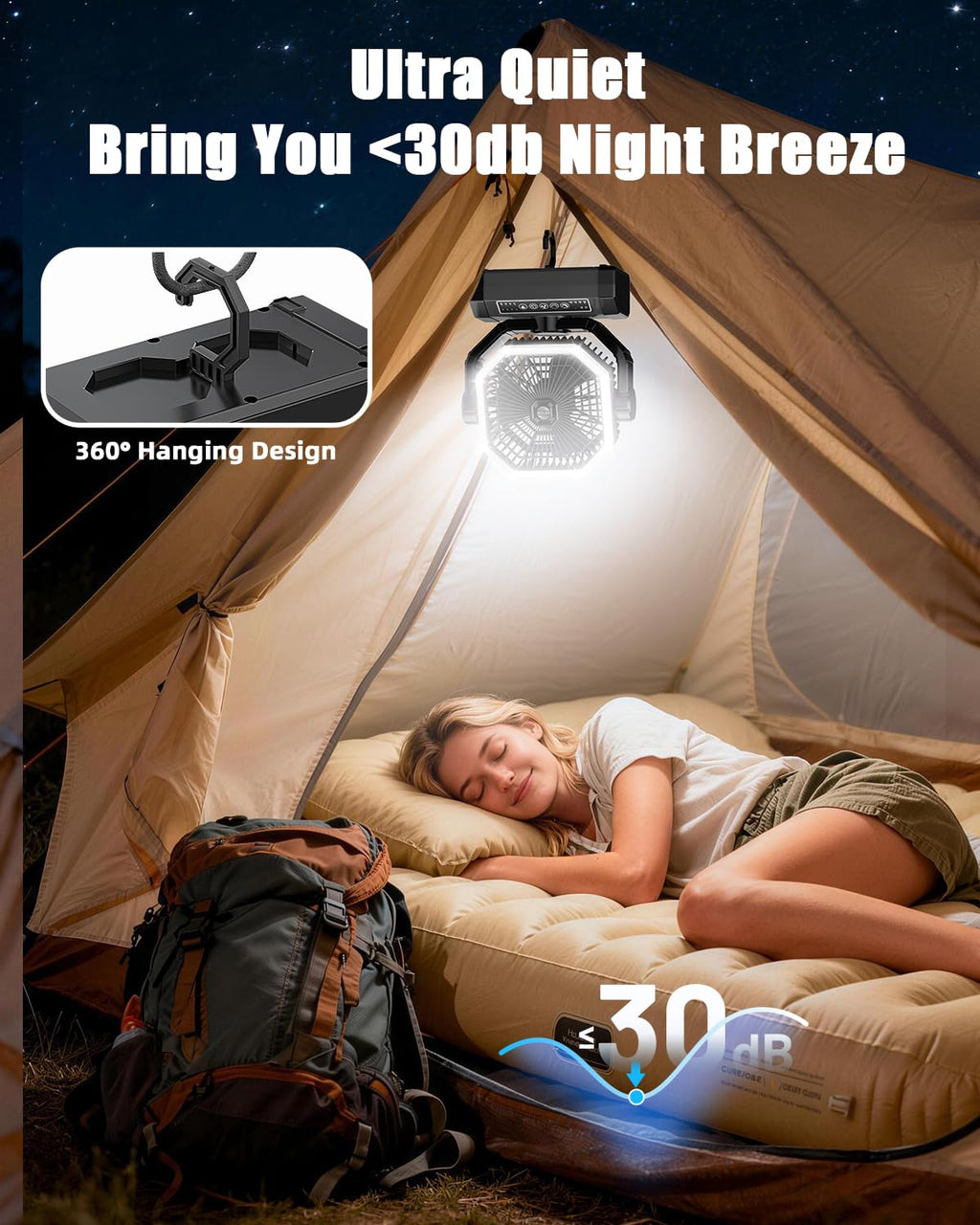 Portable Rechargeable Fan - 9-Inch Camping Fan for Tent, 24000mAh(60Hrs) Battery Operated Fan for Camping, Auto Oscillation Cordless Fans, Tent Fans with Remote/Light, 4 Speeds, 4 Timing, Outdoor