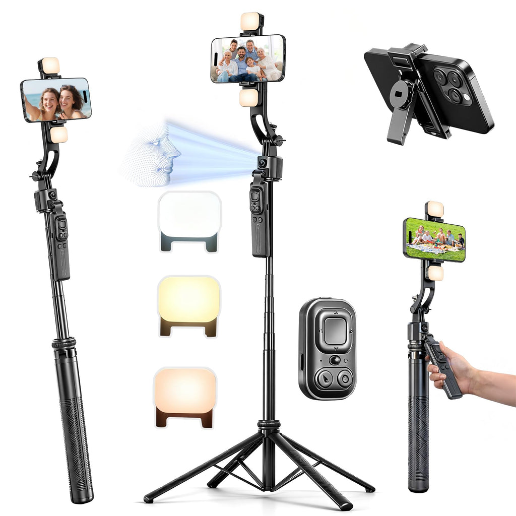 Auto Face Tracking Selfie Stick Tripod for iPhone with Light 360 Rotation that Follows Your Movement 70.9" Camera Tripod Stand with Remote for Content Creator Vlog Live Stream Video Recording