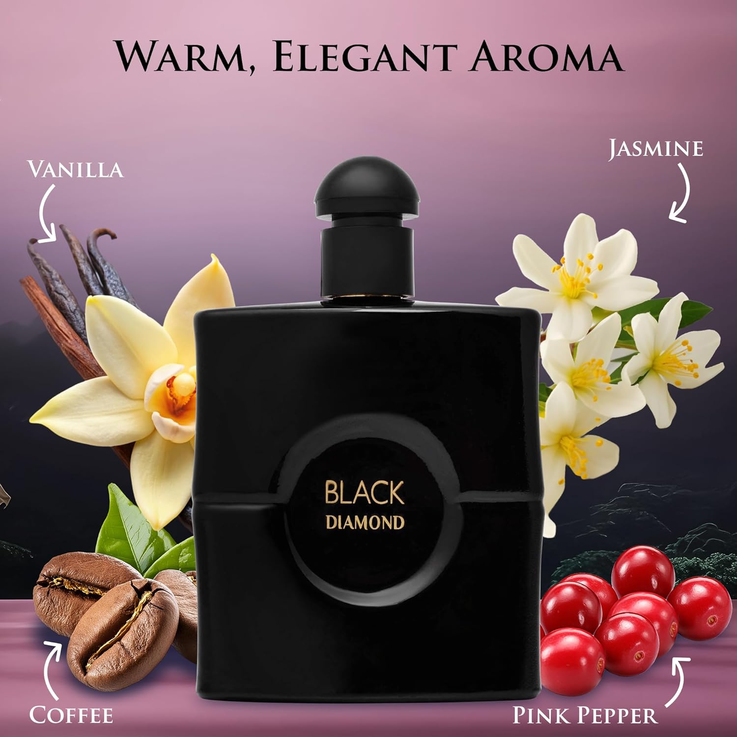 Black Diamond for Women Eau De Parfume- Top Notes of Pink Pepper & Orange Blossom - Base Scents of Warm Vanilla, Patchouli, Cashmere Wood & Cedar - Natural & Paraben Free - Elegant 100ml Bottle