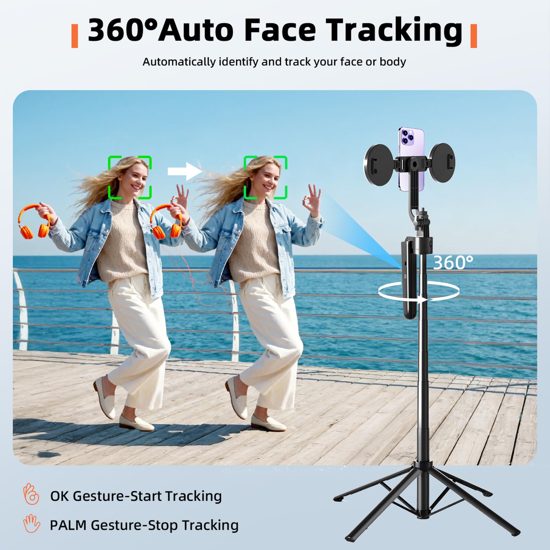 Auto Face Tracking Selfie Stick Tripod for iPhone with Light 360 Rotation that Follows Your Movement 70.9" Camera Tripod Stand with Remote for Content Creator Vlog Live Stream Video Recording