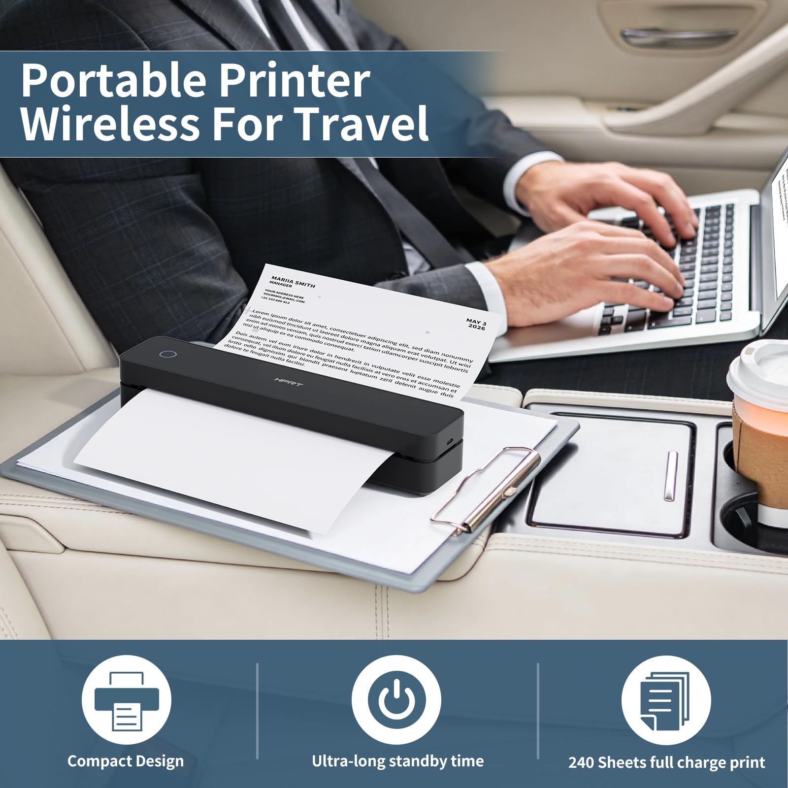 HPRT Inkless Portable Printer Wireless for Travel,Thermal Printer Supports 8.5" x 11" US Letter&A4&A5,Compatible with iOS,Android, Laptop, MT620,203 DPI,Black