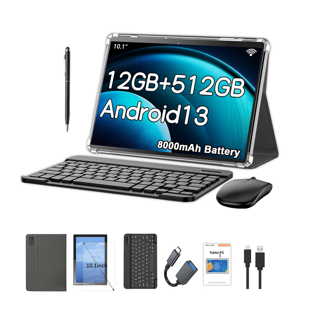 Crelander 10.1 Inch Android 13 Tablet with SIM Card Slot 4G LTE Calling,12GB+512GB, 8000mAh Battery, Dual Camera, Bluetooth/WiFi, Bundle with Case, Keyboard, Mouse & Stylus (Grey Black)