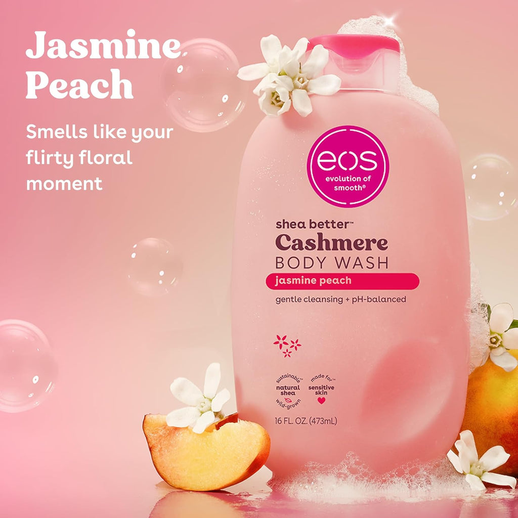 eos Cashmere Body Wash – Jasmine Peach, Moisturizing Body Wash, Creamy Gel Formula, with Shea Butter, Glycerin, Vitamin E, pH Balanced, Sensitive Skin, Vegan, 16 fl oz
