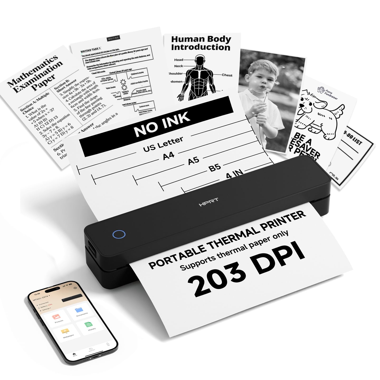 HPRT Inkless Portable Printer Wireless for Travel,Thermal Printer Supports 8.5" x 11" US Letter&A4&A5,Compatible with iOS,Android, Laptop, MT620,203 DPI,Black