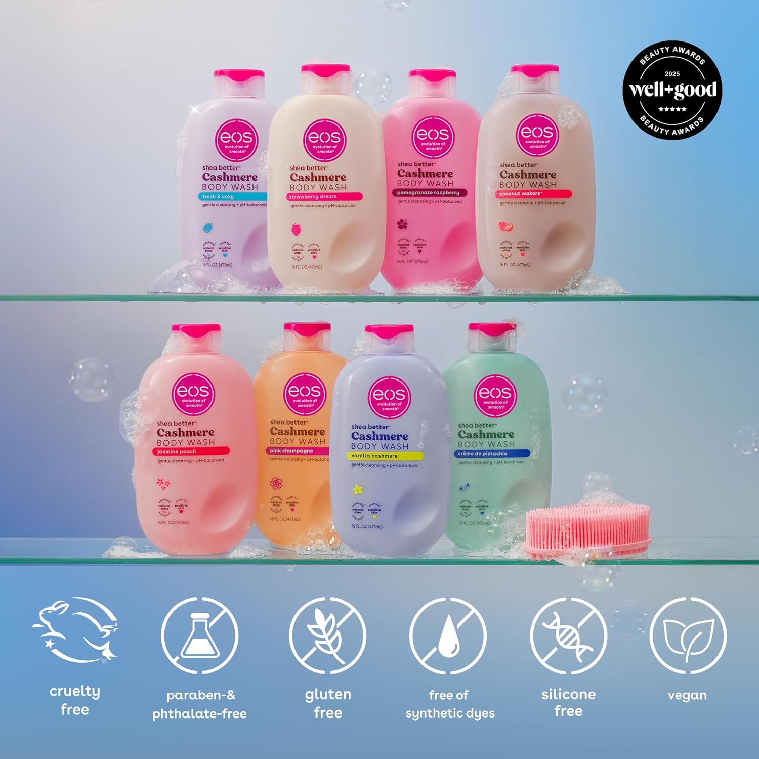 eos Cashmere Body Wash – Jasmine Peach, Moisturizing Body Wash, Creamy Gel Formula, with Shea Butter, Glycerin, Vitamin E, pH Balanced, Sensitive Skin, Vegan, 16 fl oz