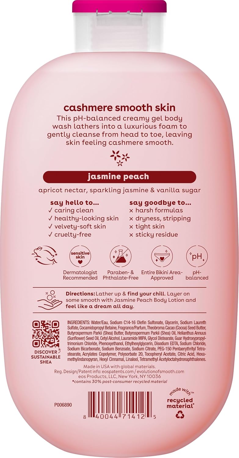 eos Cashmere Body Wash – Jasmine Peach, Moisturizing Body Wash, Creamy Gel Formula, with Shea Butter, Glycerin, Vitamin E, pH Balanced, Sensitive Skin, Vegan, 16 fl oz