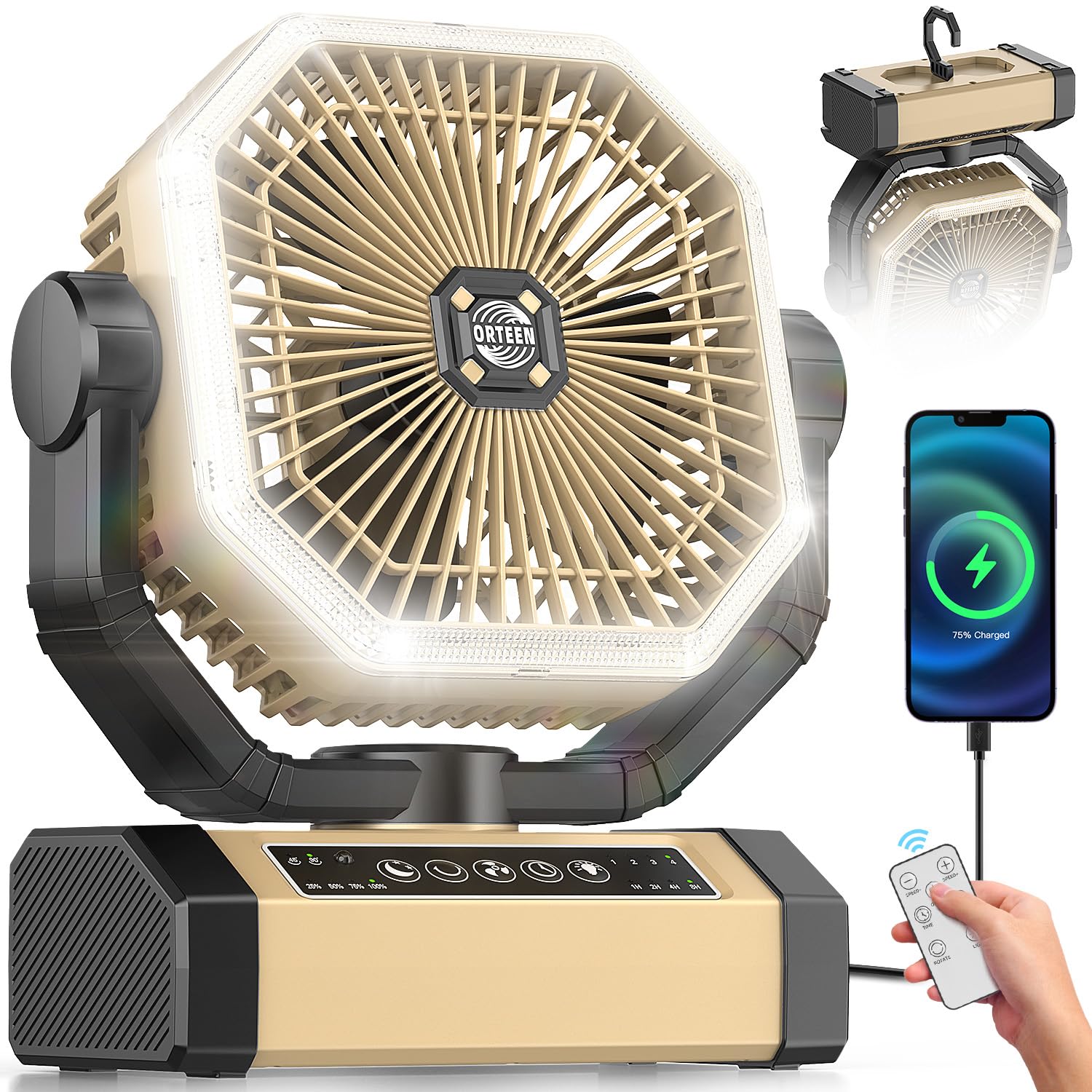 Portable Rechargeable Fan - 9-Inch Camping Fan for Tent, 24000mAh(60Hrs) Battery Operated Fan for Camping, Auto Oscillation Cordless Fans, Tent Fans with Remote/Light, 4 Speeds, 4 Timing, Outdoor