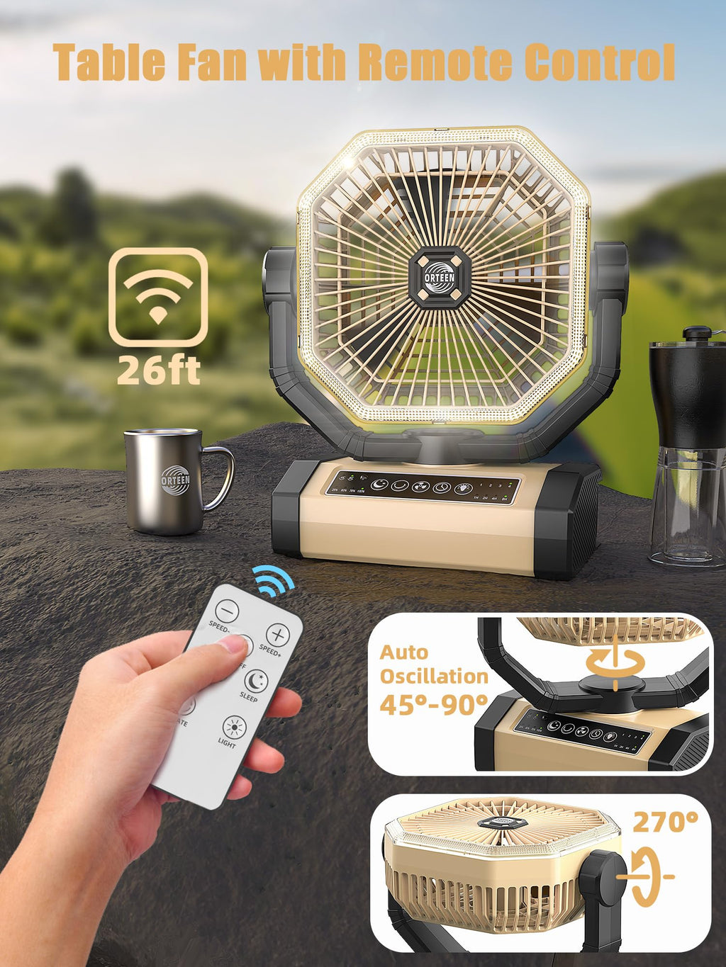 Portable Rechargeable Fan - 9-Inch Camping Fan for Tent, 24000mAh(60Hrs) Battery Operated Fan for Camping, Auto Oscillation Cordless Fans, Tent Fans with Remote/Light, 4 Speeds, 4 Timing, Outdoor